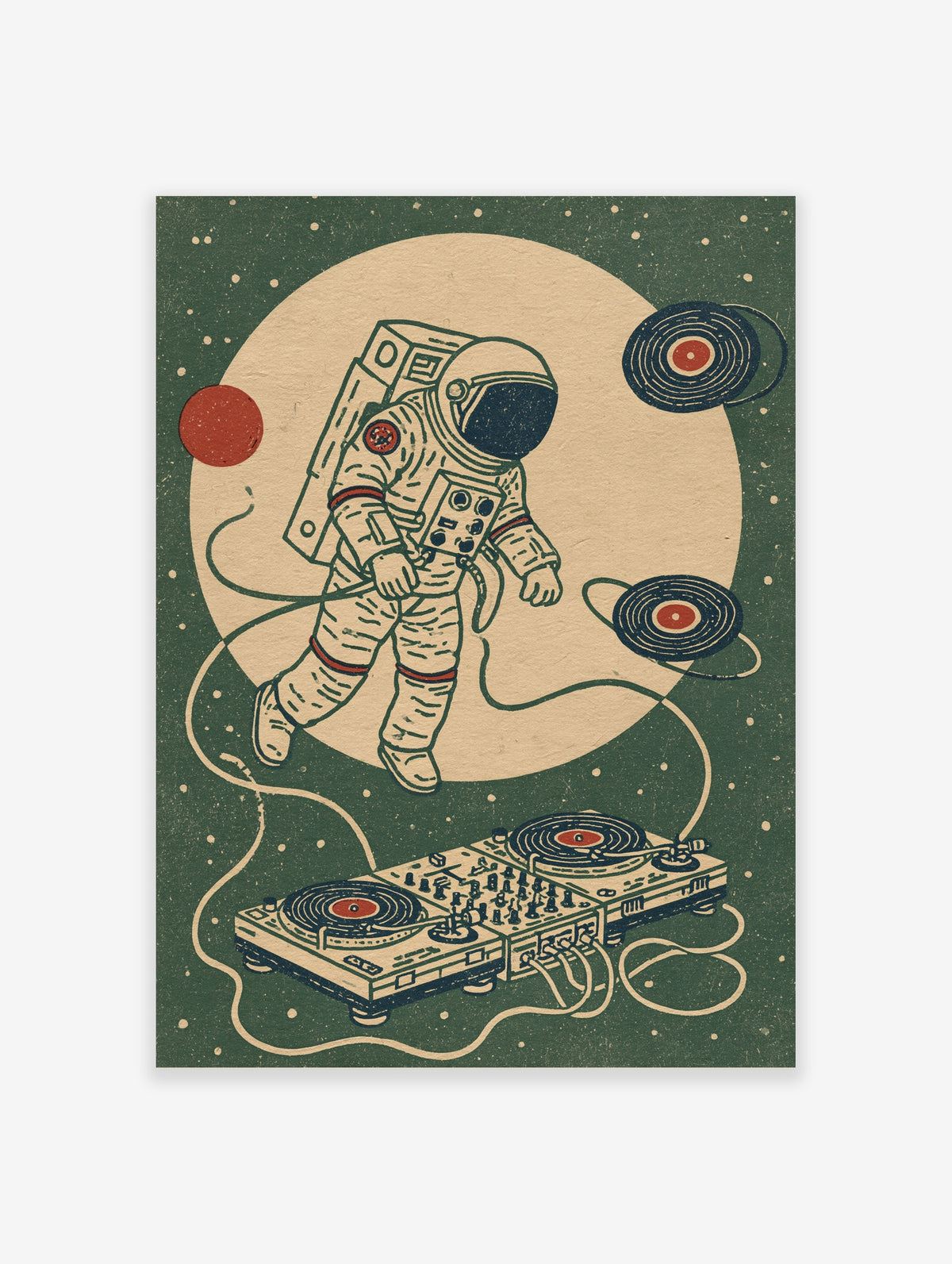 Astronaut DJ wall art with turntables and vinyl records in space, retro illustration on green background