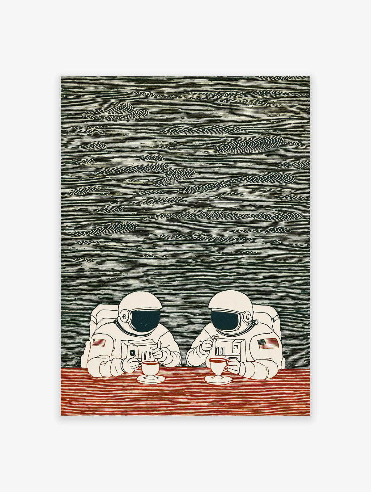 Illustration of two astronauts in white suits sitting at a red table, drinking coffee against a dark green patterned background.