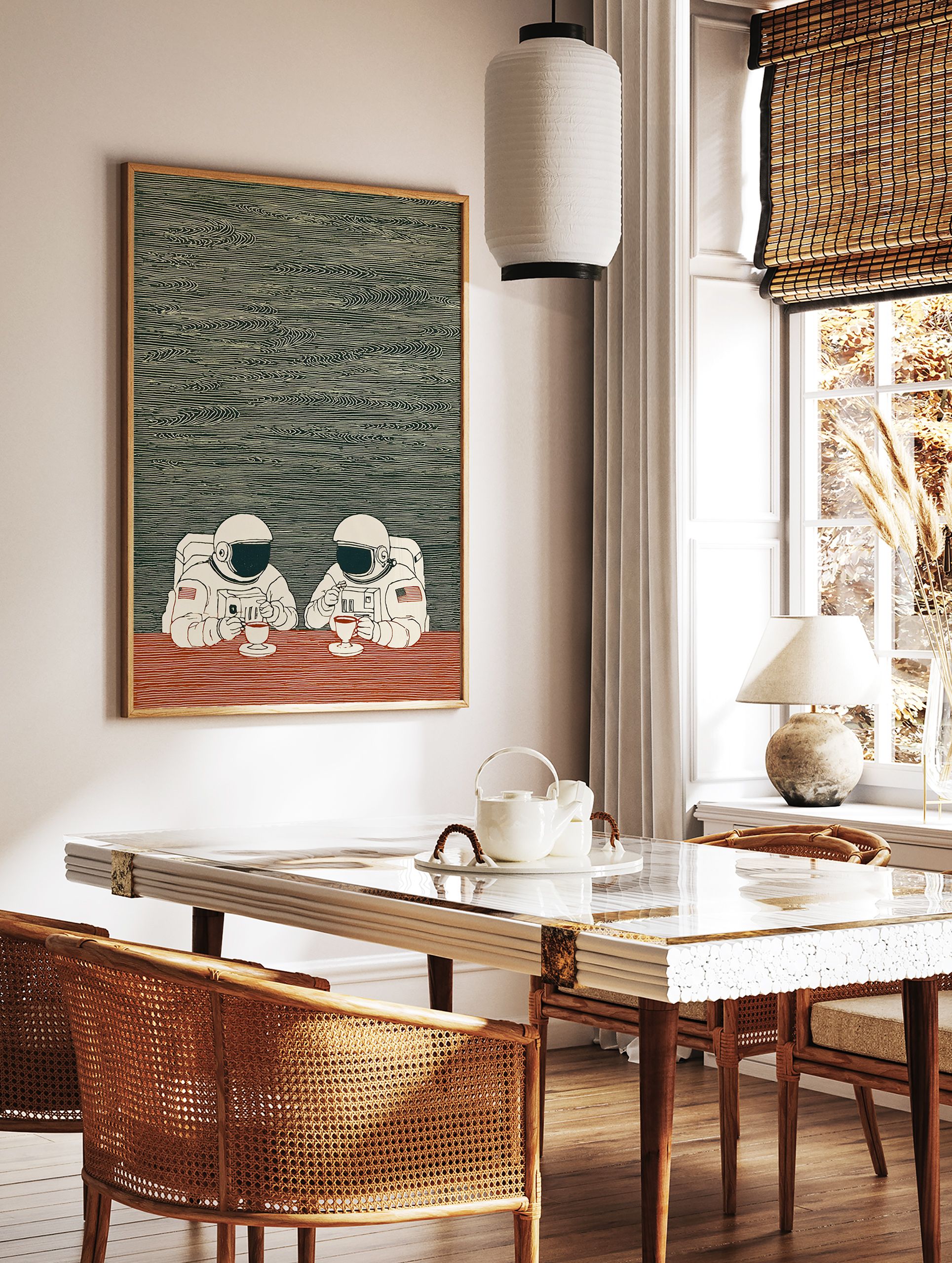 Illustration of two astronauts in white suits sitting at a red table, drinking coffee against a dark green patterned background. - Image 3