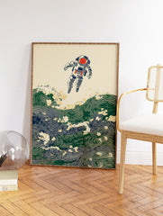 Japanese Ukiyo-e style astronaut wall art floating above green and blue ocean waves with red accents. - Image 2