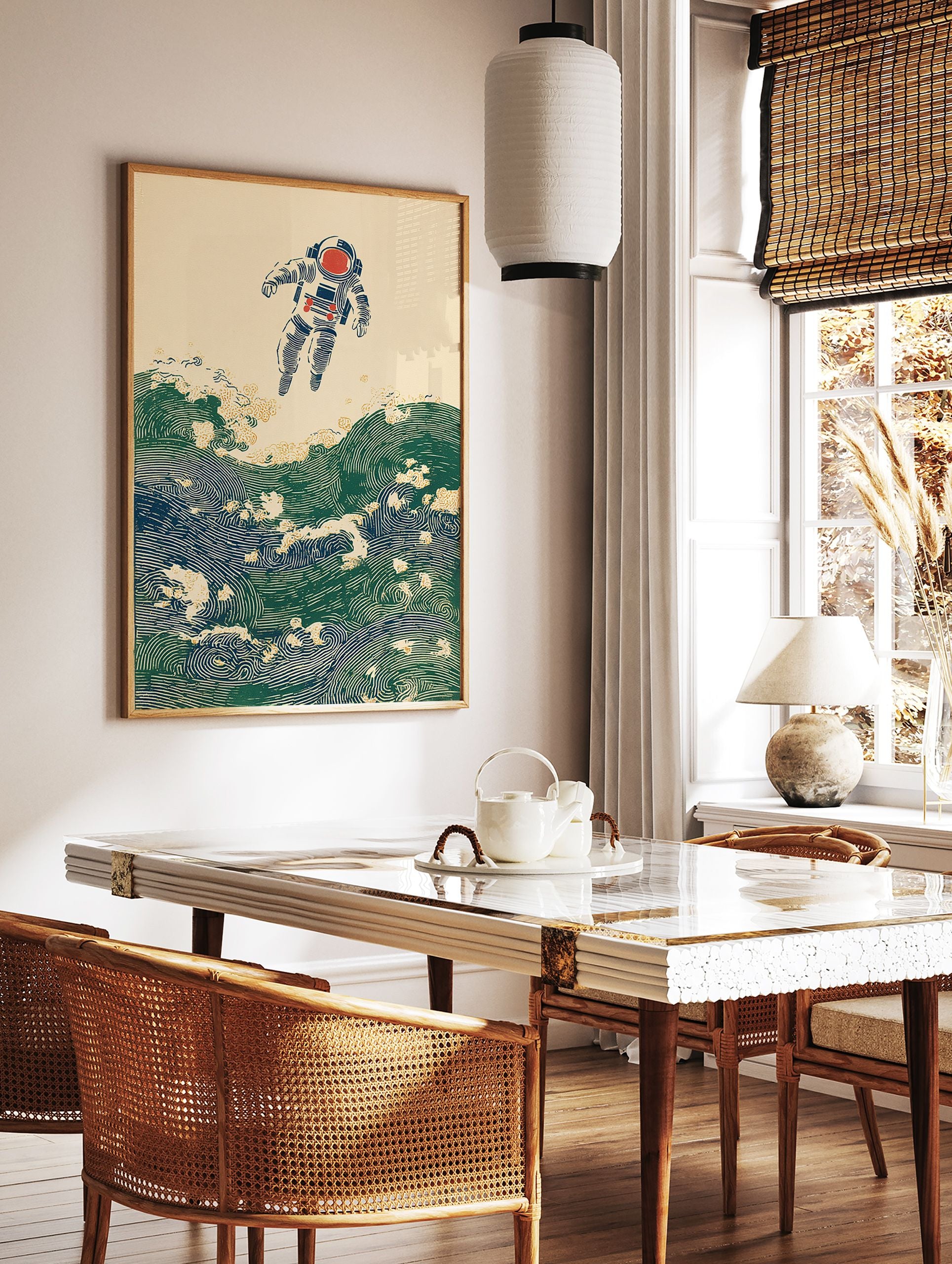 Japanese Ukiyo-e style astronaut wall art floating above green and blue ocean waves with red accents. - Image 3