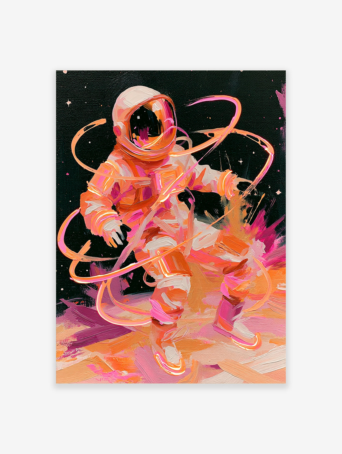 Astronaut in white suit with orange and pink ribbons on black starry background, expressive brushstrokes, wall art print