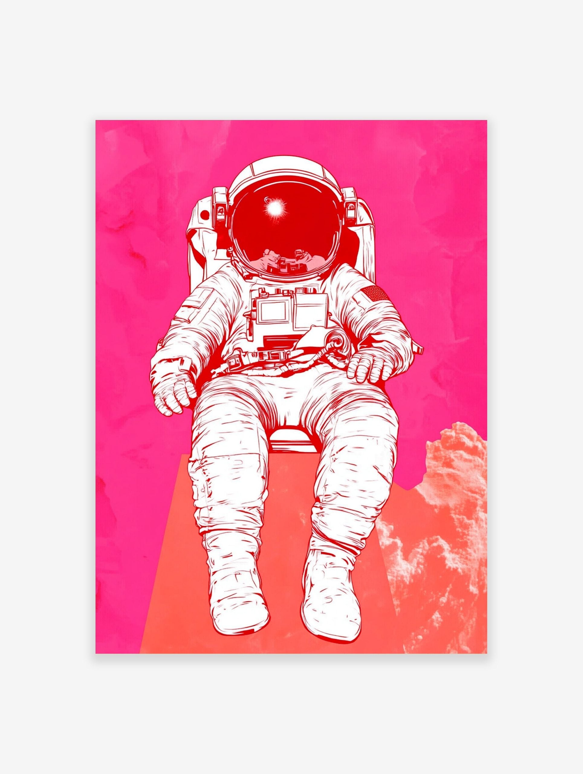Illustrative astronaut in white space suit against a vibrant pink and red textured background, with bright visor reflection