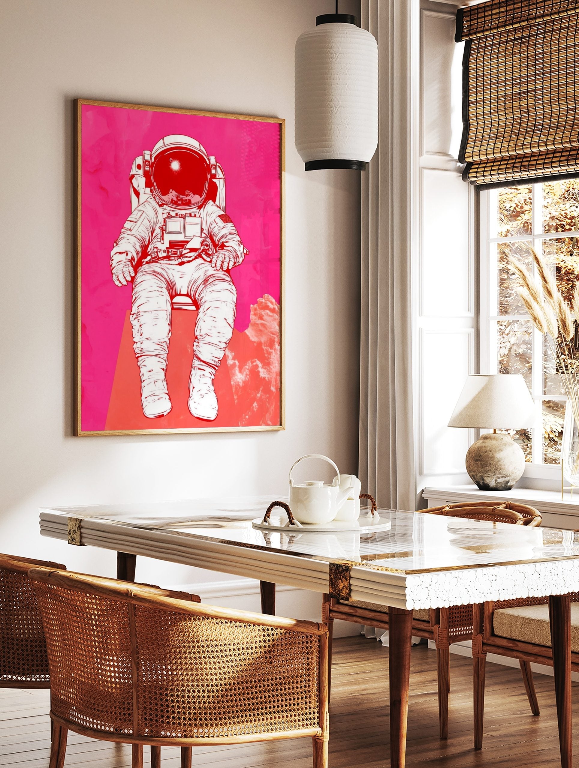Illustrative astronaut in white space suit against a vibrant pink and red textured background, with, in a styled room mockup
