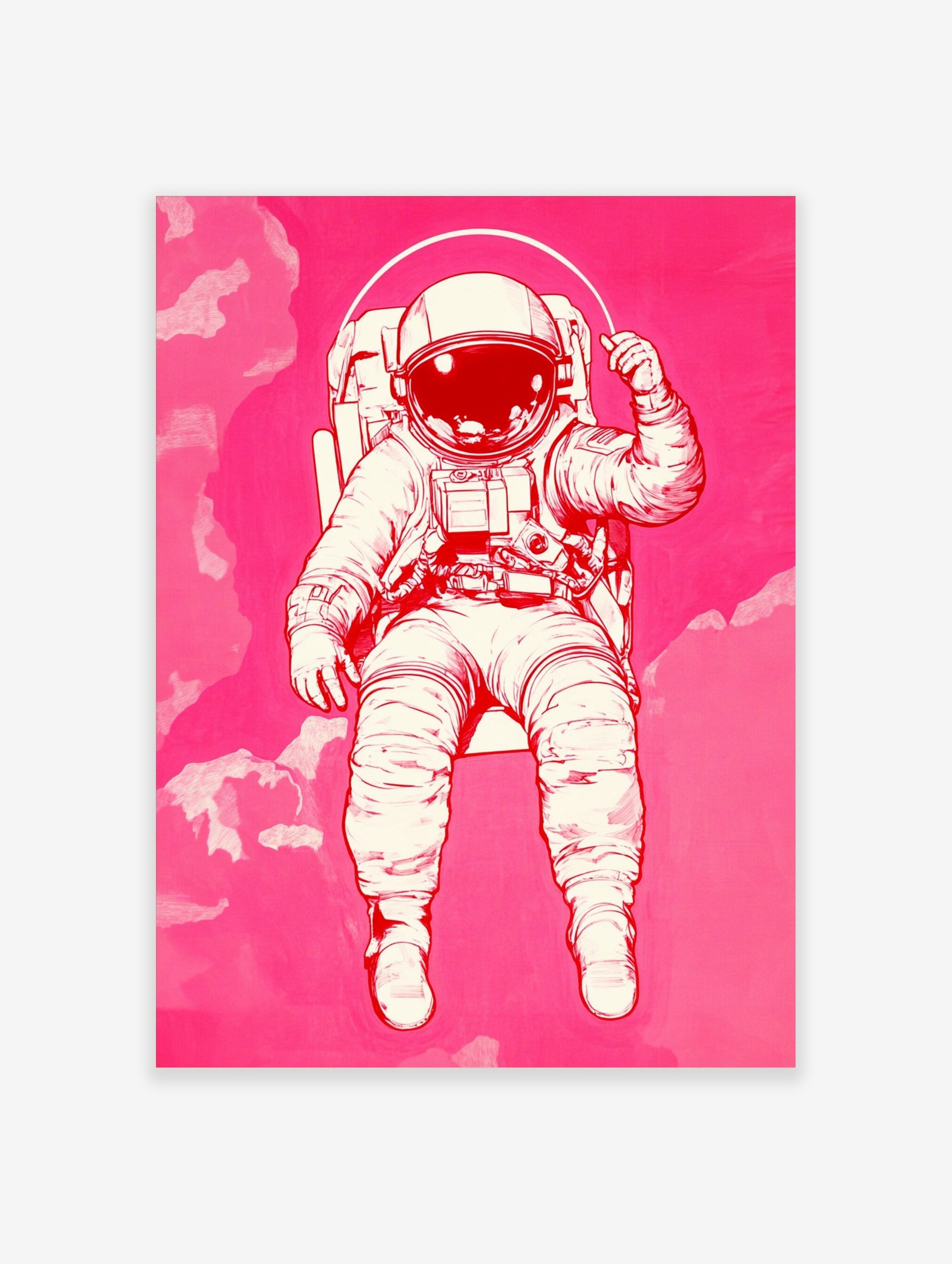 Illustrative astronaut in an off-white spacesuit with a reflective visor, floating against a hot pink background with