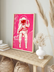 Illustrative astronaut in an off-white spacesuit with a reflective visor, floating against a, in an alternate framed mockup