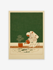 Astronaut wall art illustration showing an astronaut in a spacesuit watering a small potted plant on a beige floor.