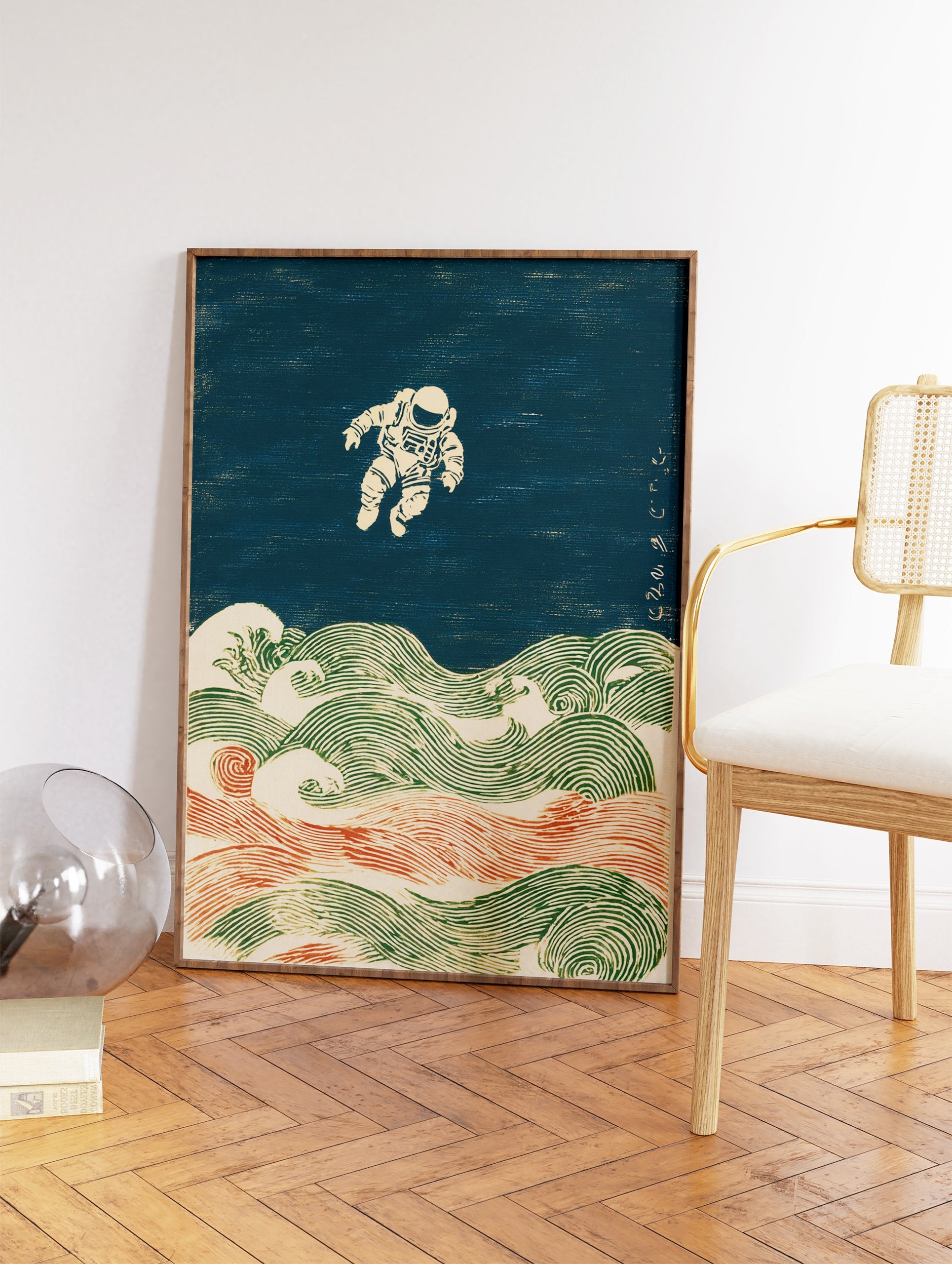 Astronaut Ukiyo-e wall art print with a floating astronaut above traditional Japanese green and red ocean waves. - Image 2