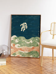 Astronaut Ukiyo-e wall art print with a floating astronaut above traditional Japanese green and red ocean waves. - Image 2