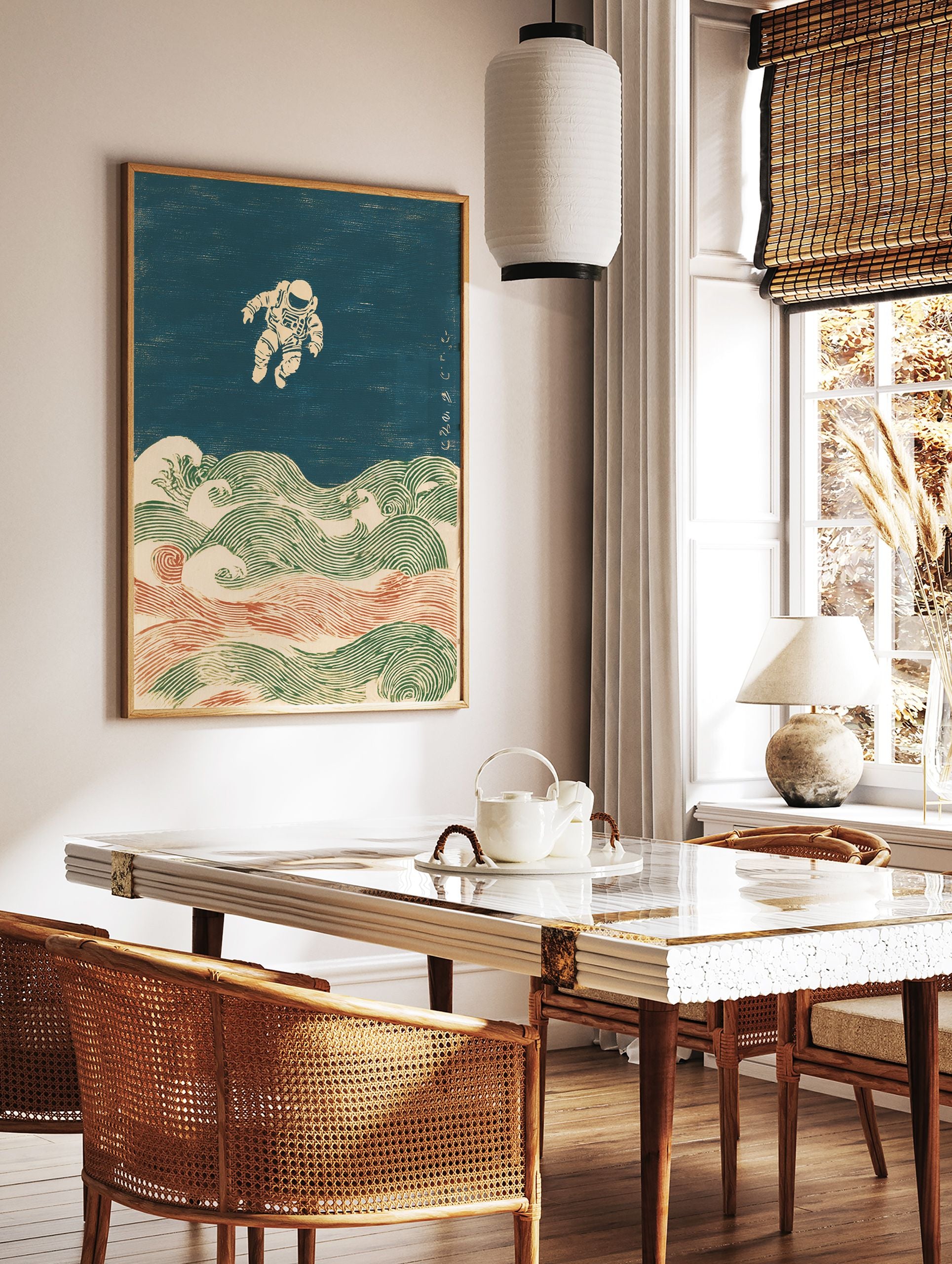 Astronaut Ukiyo-e wall art print with a floating astronaut above traditional Japanese green and red ocean waves. - Image 3