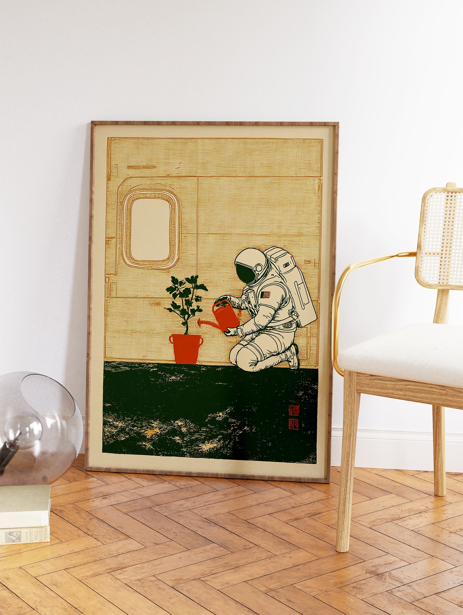 Astronaut in a space suit watering a small green plant in an orange pot inside a spaceship, modern illustration. - Image 2