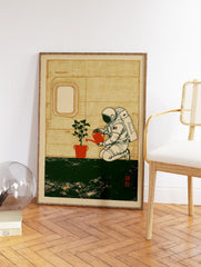 Astronaut in a space suit watering a small green plant in an orange pot inside a spaceship, modern illustration. - Image 2
