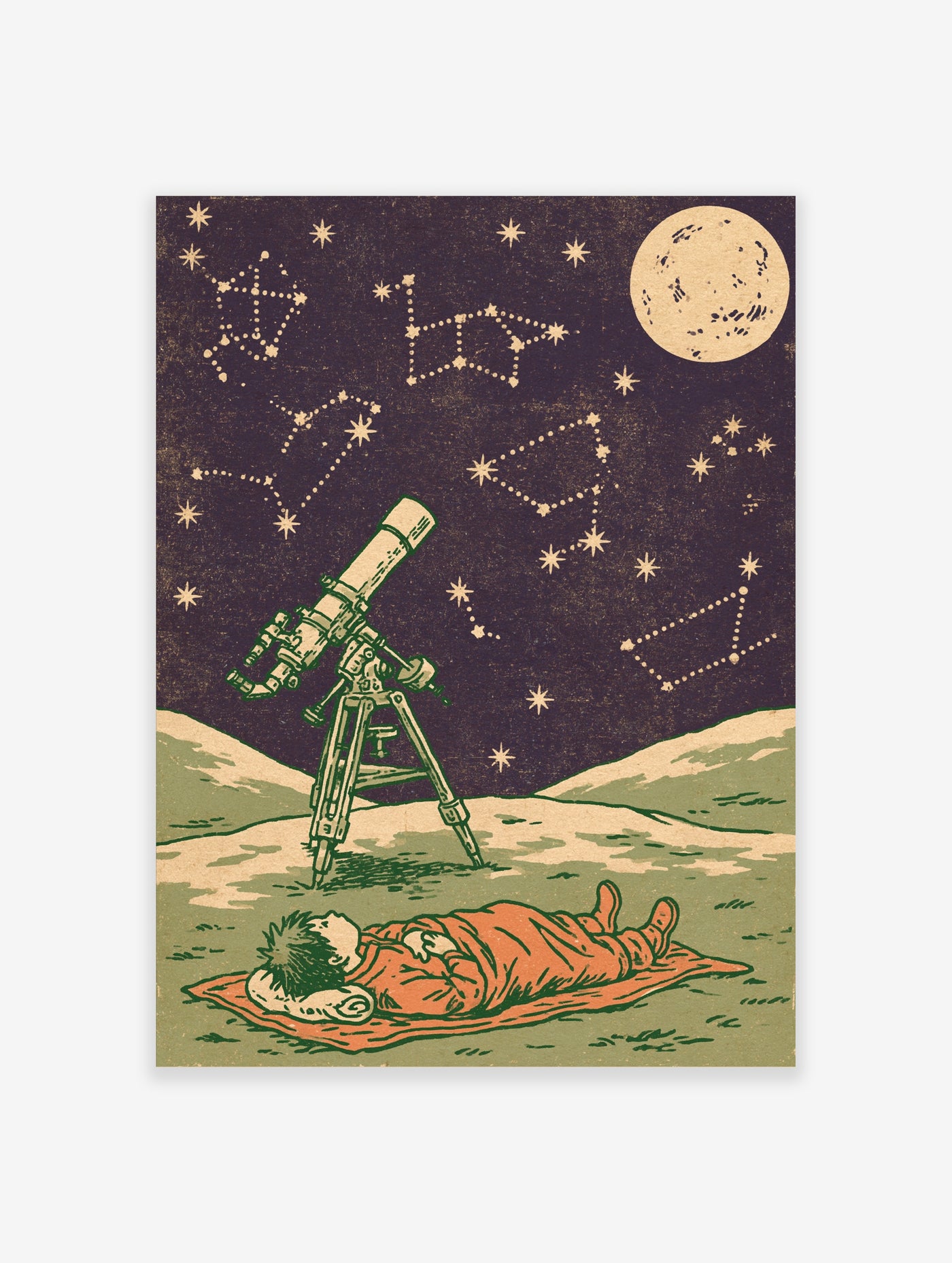 Vintage telescope pointing at starry night sky with constellations and moon, person lying on blanket below