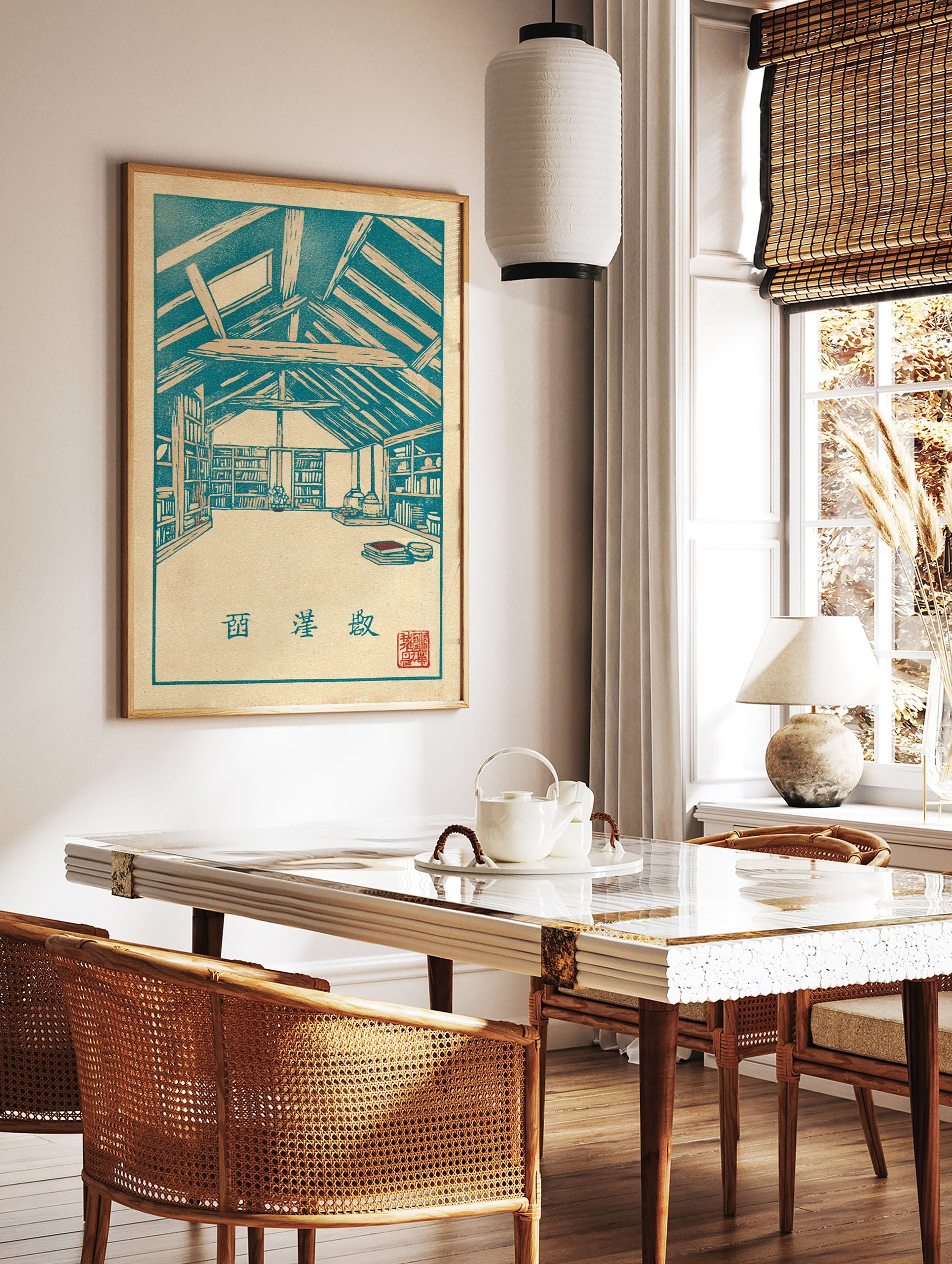 Woodcut style Attic Library Art Print showing an attic room with bookshelves, wooden beams, and Japanese script. - Image 2