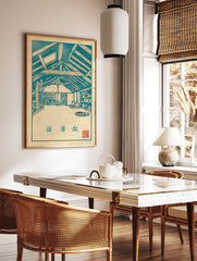 Woodcut style Attic Library Art Print showing an attic room with bookshelves, wooden beams, and Japanese script. - Image 2