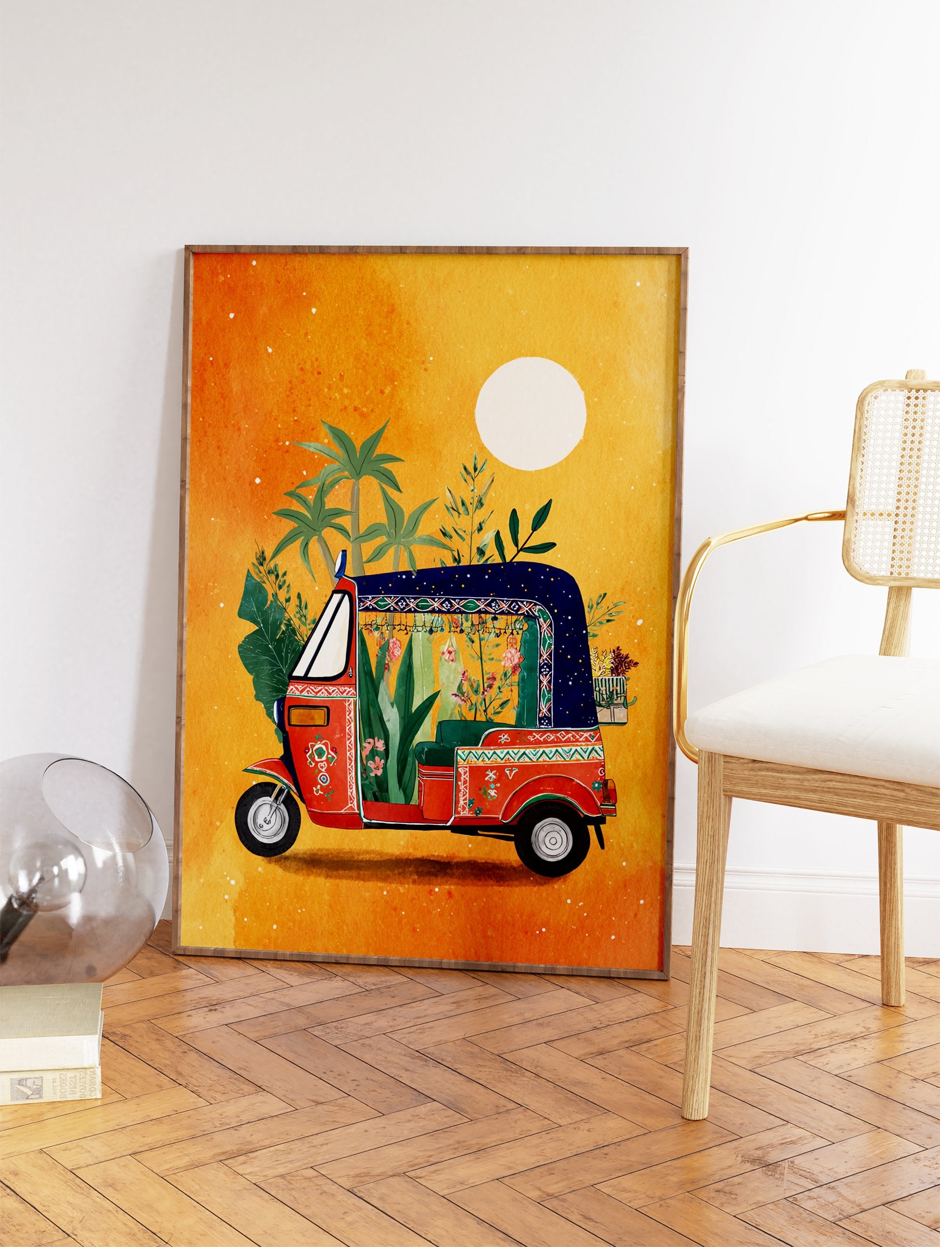 Vibrant auto rickshaw art print illustration with plants and flowers against an orange background with palm trees. - Image 2
