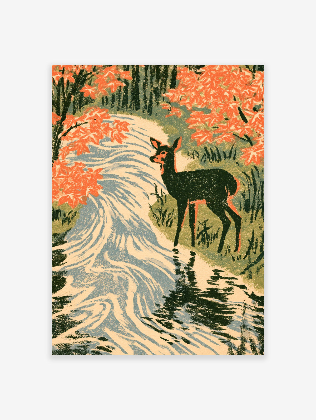 Autumn deer art print with orange maple leaves and blue stream in Japanese woodblock style