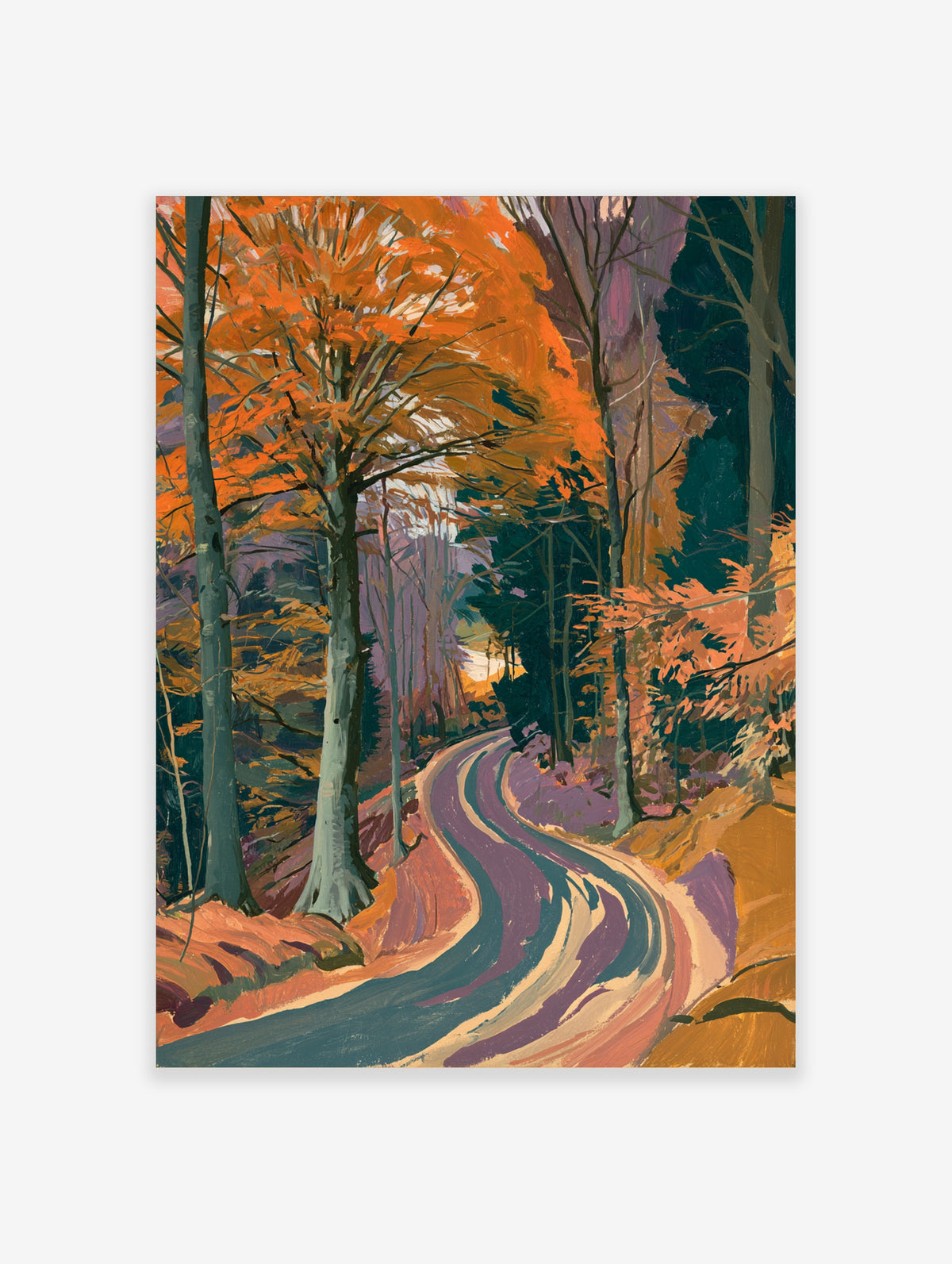Illustrative autumn forest road print with orange trees and winding path