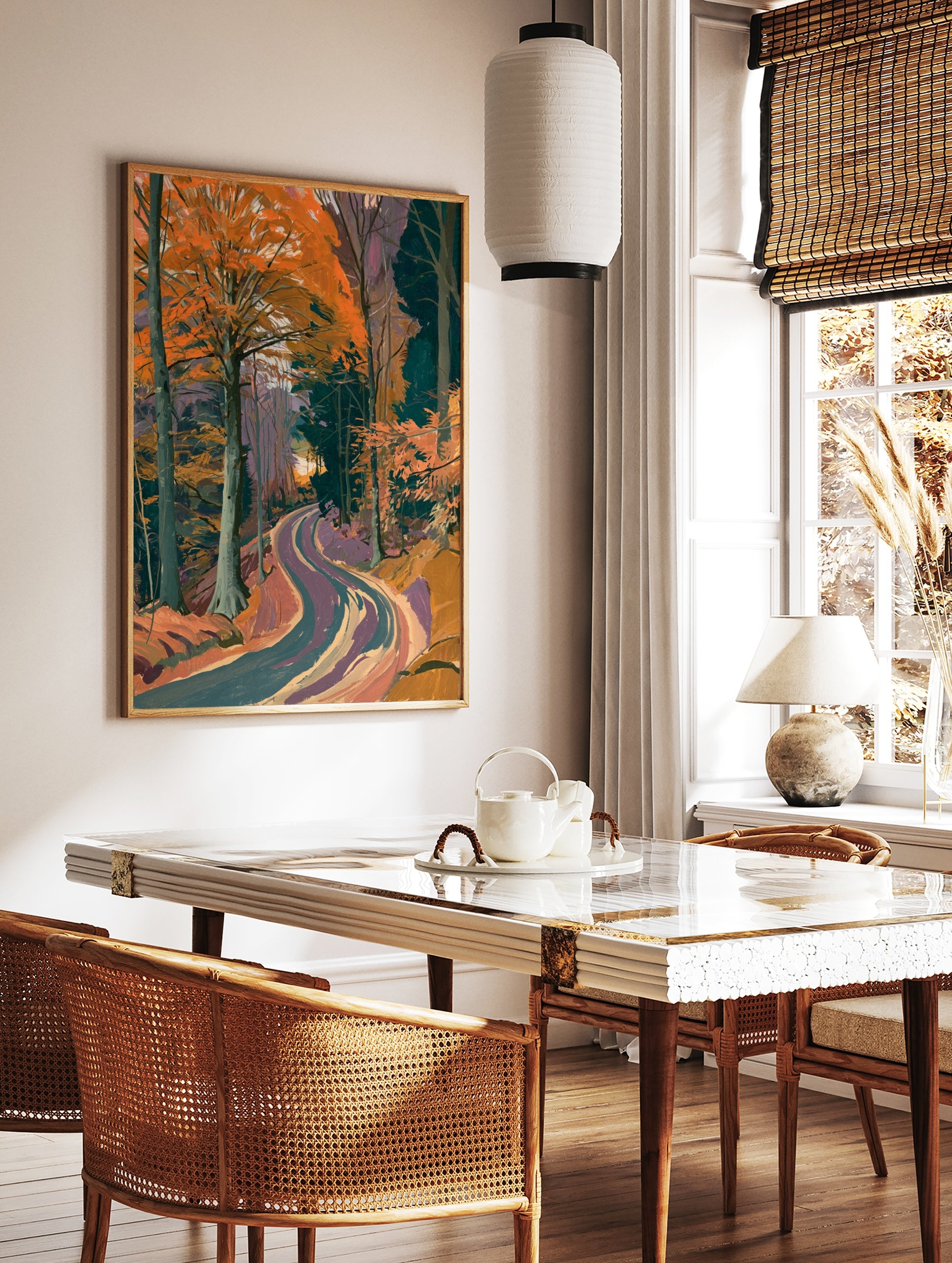 Illustrative autumn forest road print with orange trees and winding path, in a styled room mockup