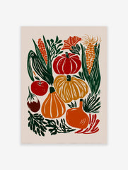 Autumn harvest poster with illustrative pumpkins, corn, eggplant, and apple in red, orange, and yellow tones.