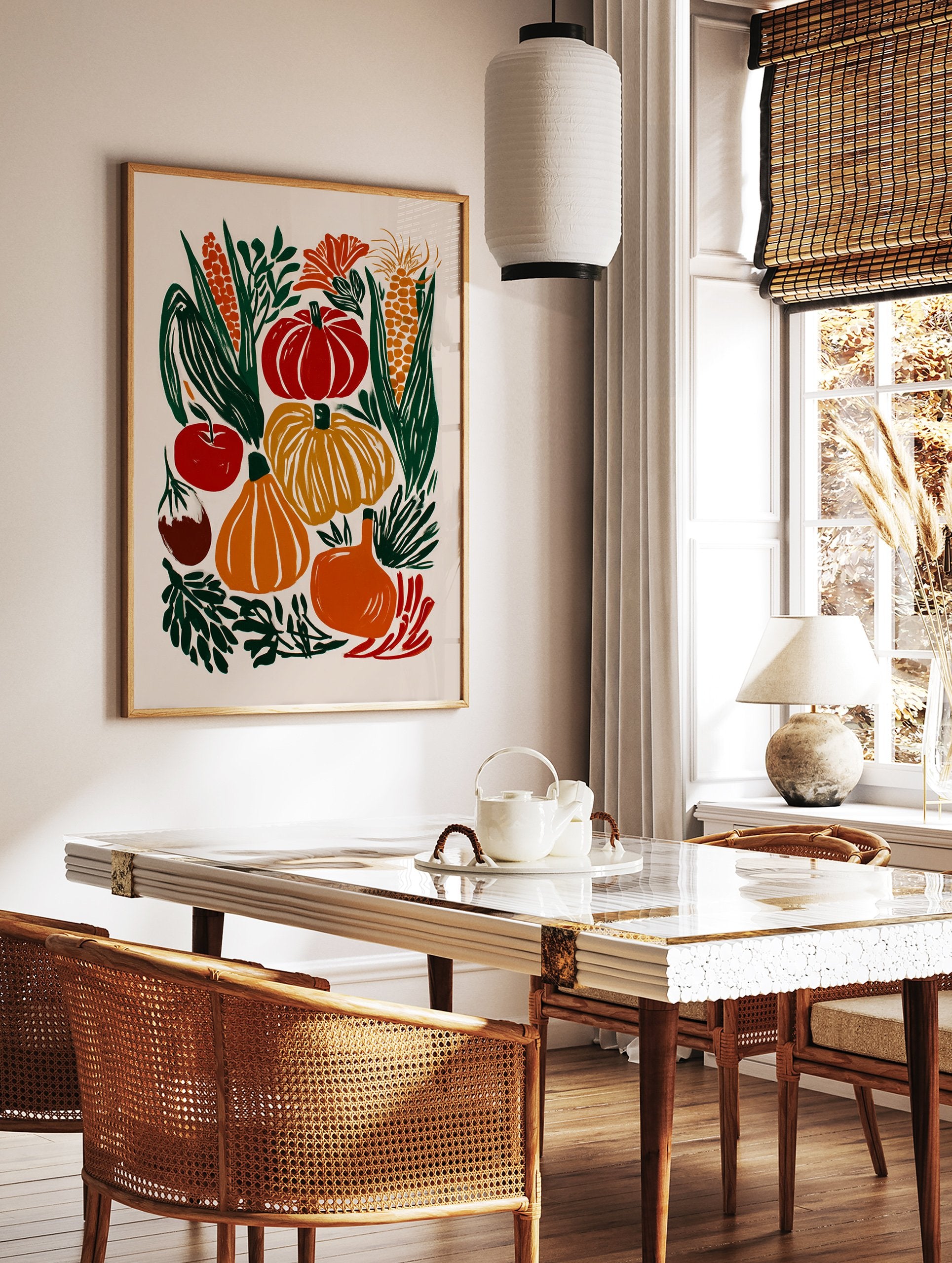 Autumn harvest poster with illustrative pumpkins, corn, eggplant, and apple in red, orange, and yellow tones. - Image 2