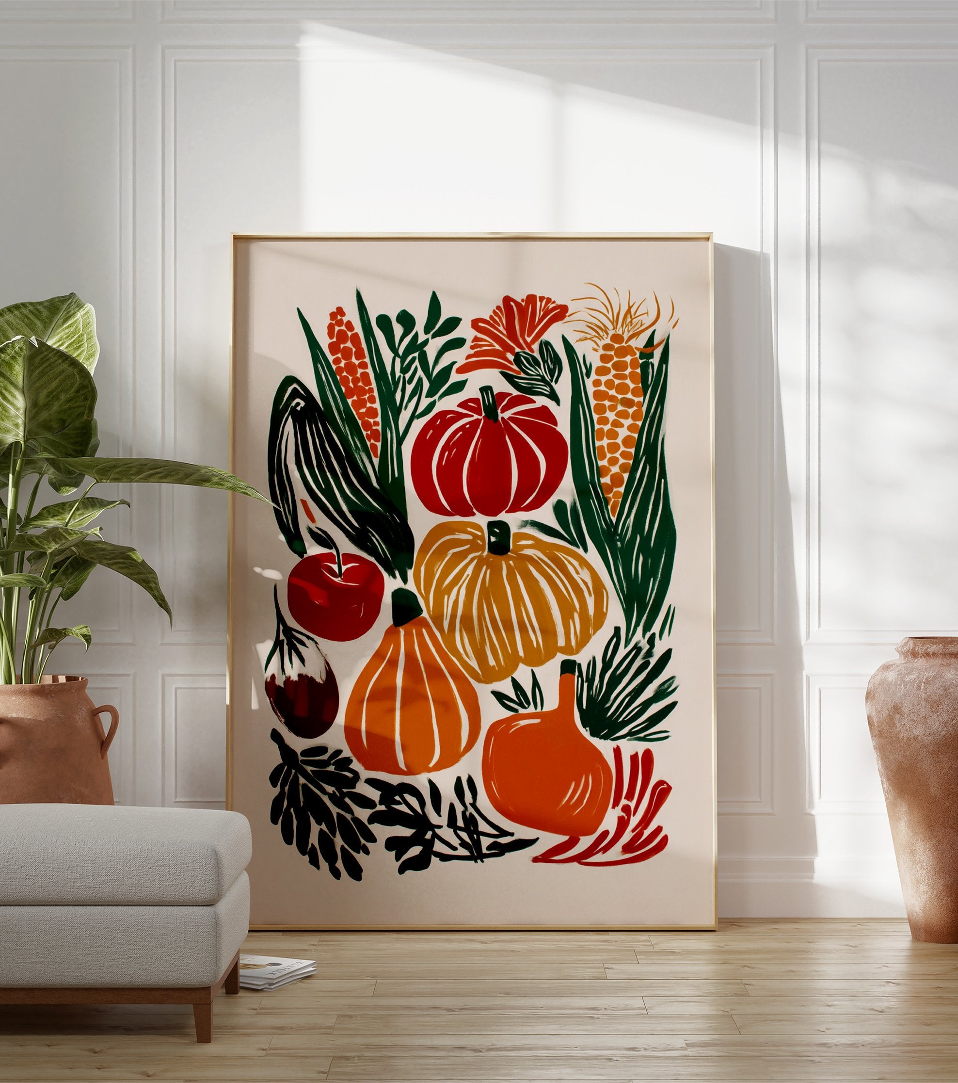 Autumn harvest poster with illustrative pumpkins, corn, eggplant, and apple in red, orange, and yellow tones. - Image 3
