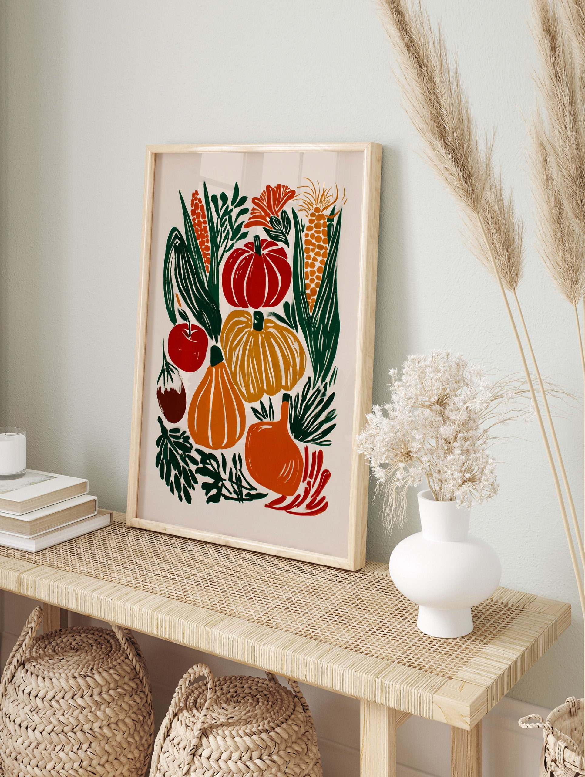 Autumn harvest poster with illustrative pumpkins, corn, eggplant, and apple in red, orange, and yellow tones. - Image 4