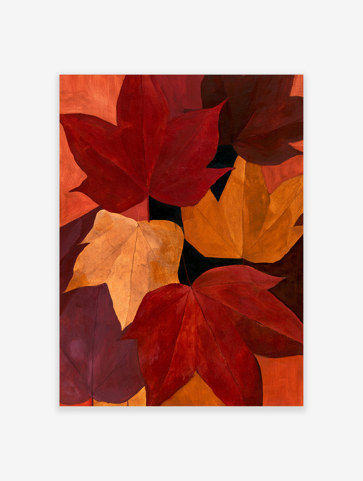 Autumn leaf wall art print with overlapping red, orange, and yellow maple leaves in an illustrative painterly style
