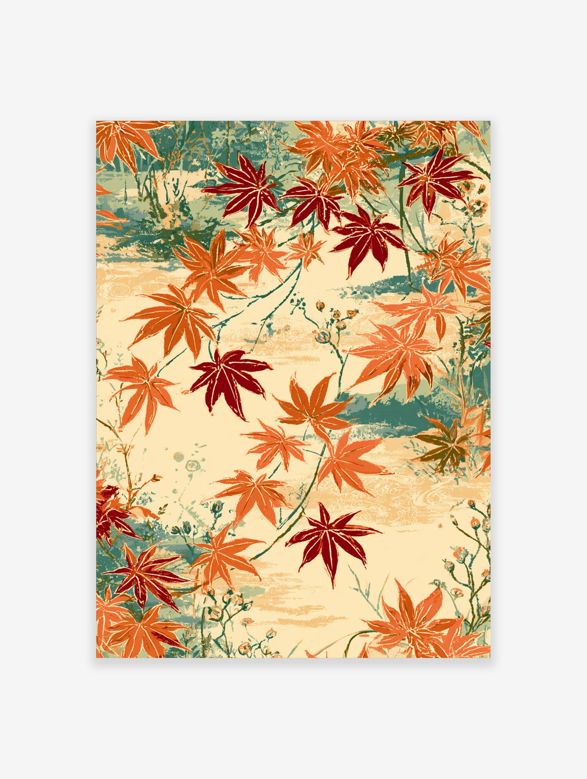 Autumn maple leaf art print with orange and red leaves on cream and teal background
