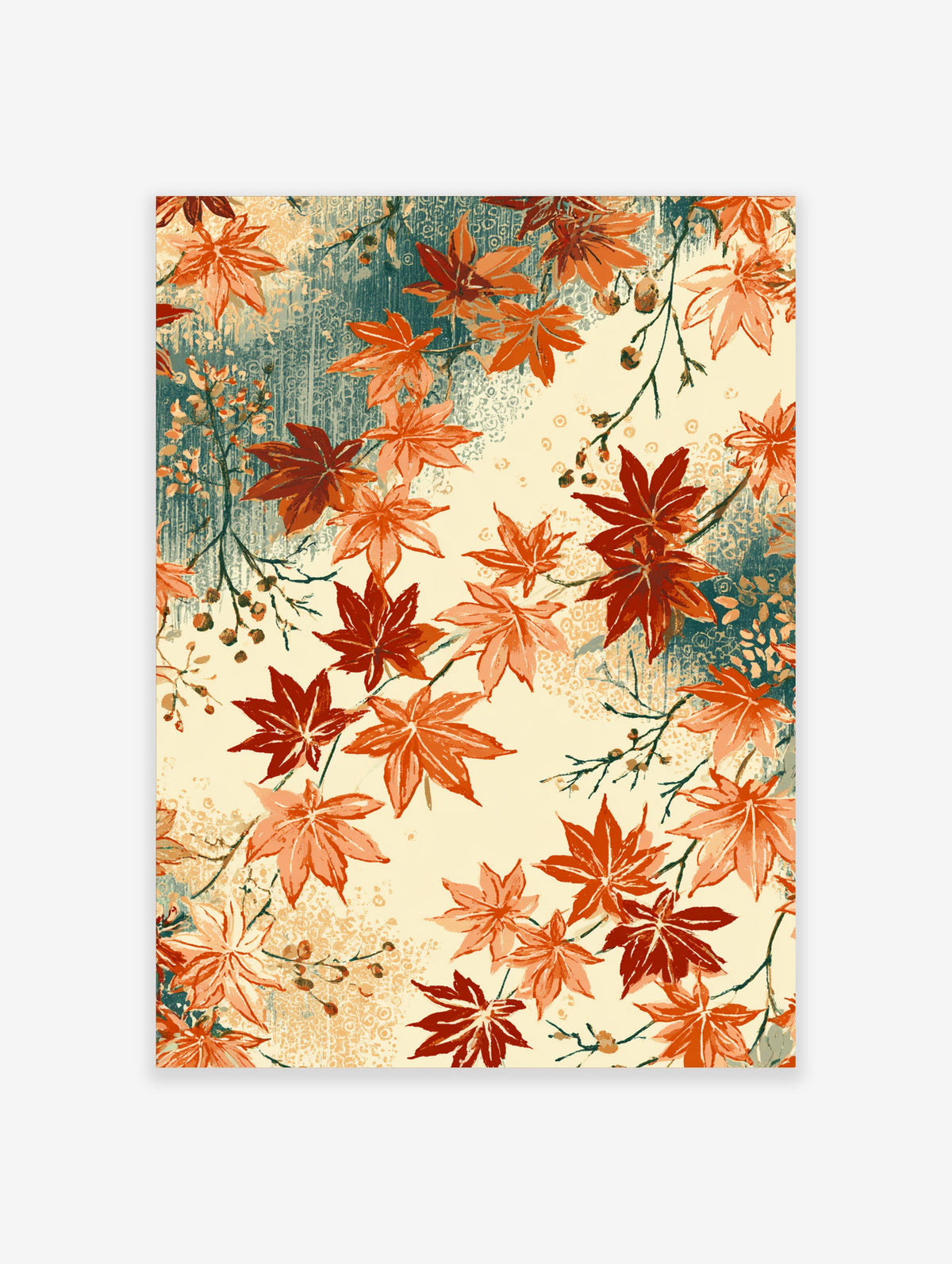 Japanese maple leaf art print with orange, red and teal foliage on cream background