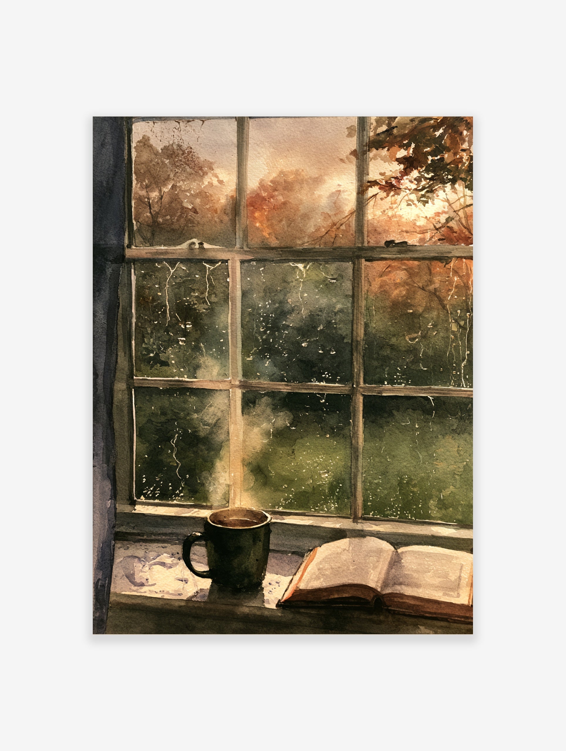 Watercolor painting of a steaming mug and open book on a windowsill looking out at rainy autumn trees