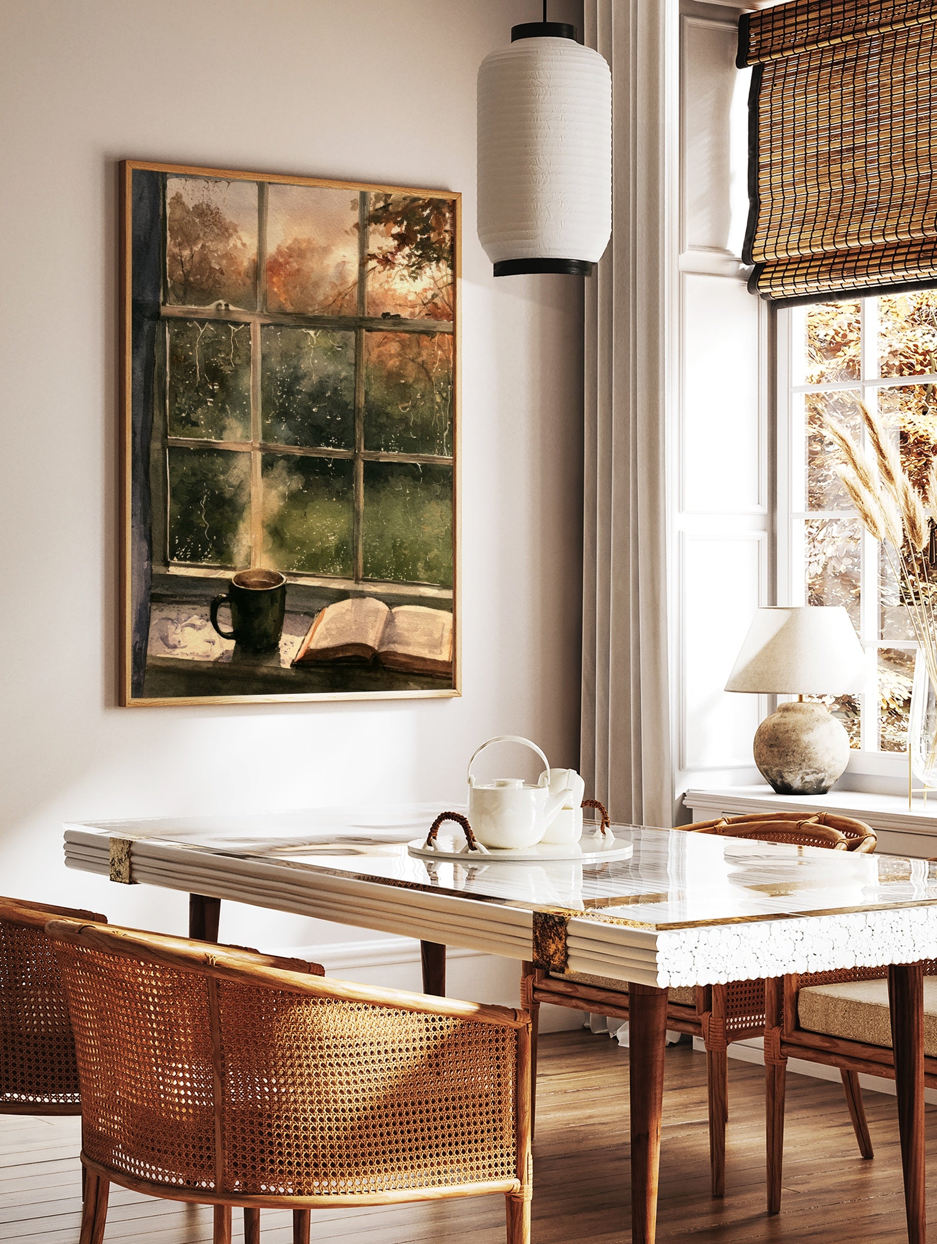 Watercolor painting of a steaming mug and open book on a windowsill looking out at rainy autumn, in a styled room mockup
