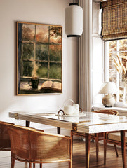 Watercolor painting of a steaming mug and open book on a windowsill looking out at rainy autumn, in a styled room mockup