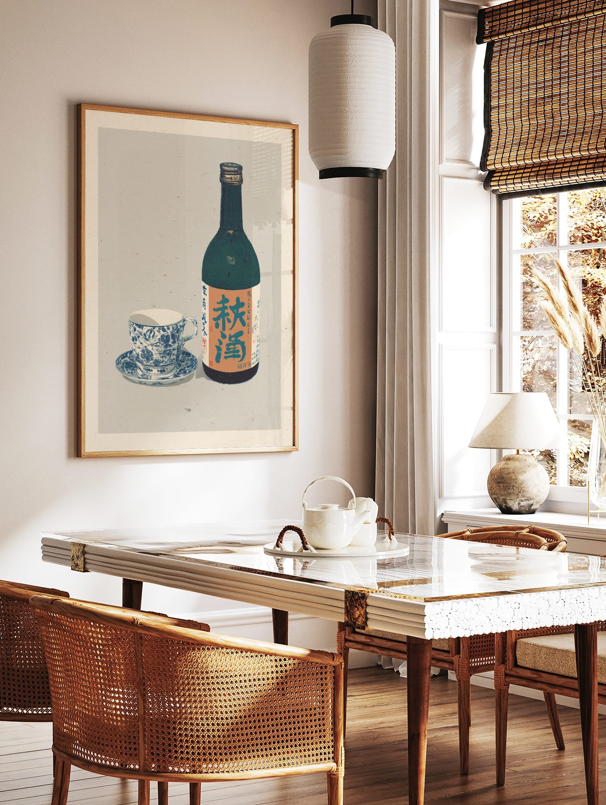 Japanese autumn sake bottle and blue patterned teacup still life art print, in a styled room mockup