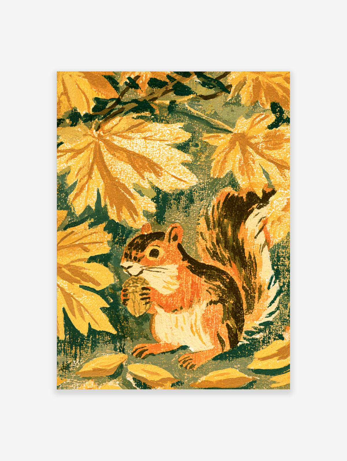 Illustrated red squirrel holding an acorn among golden maple leaves on a green background