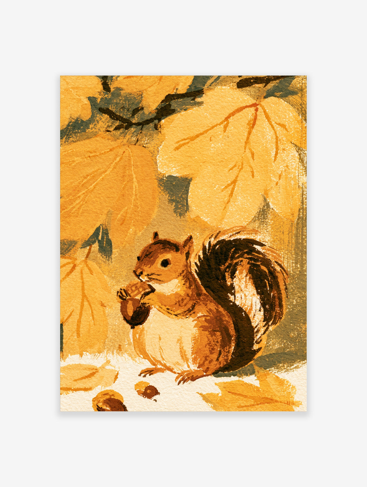 Autumn squirrel art print holding a nut among golden leaves