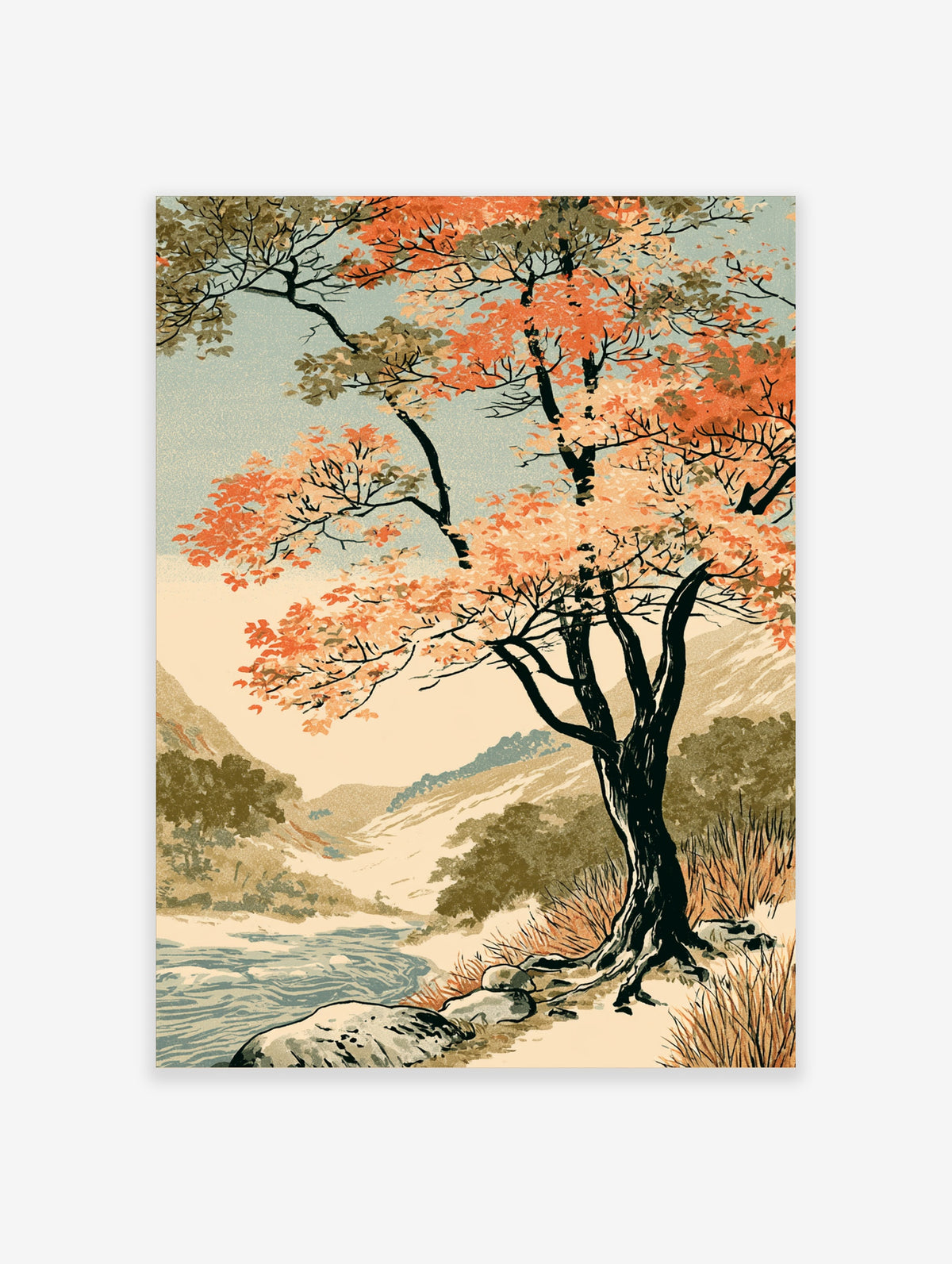 Autumn tree landscape poster with orange leaves, dark branches, and a winding river in Japanese woodblock style