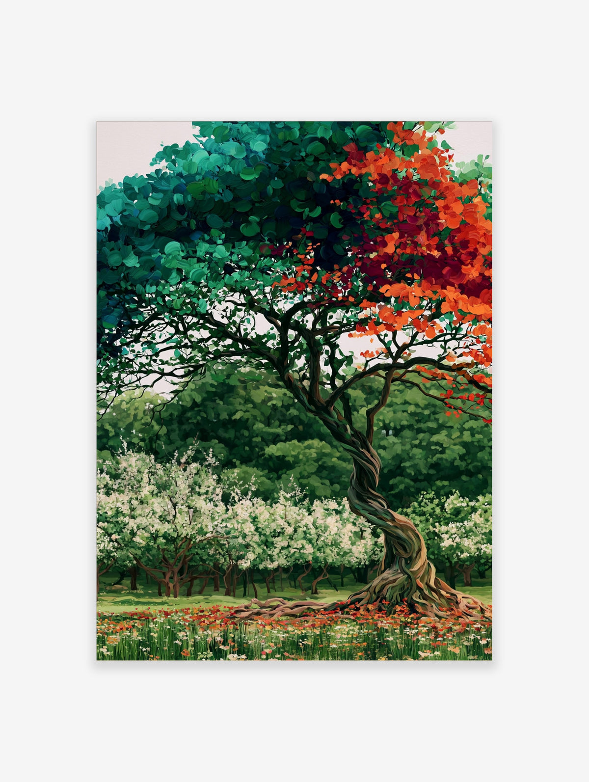 Colourful tree poster with green and orange leaves, twisted trunk, and wildflower meadow