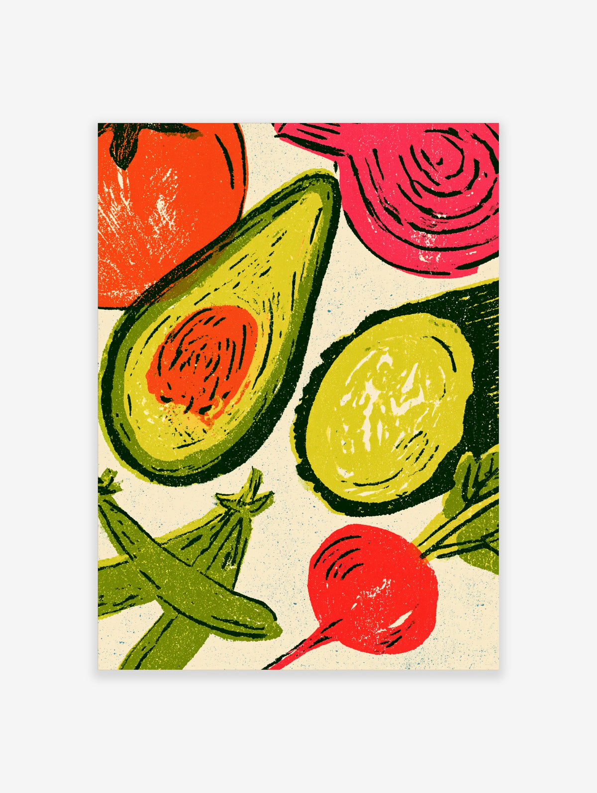 Colourful avocado, radish, tomato and onion food illustration art print on cream background