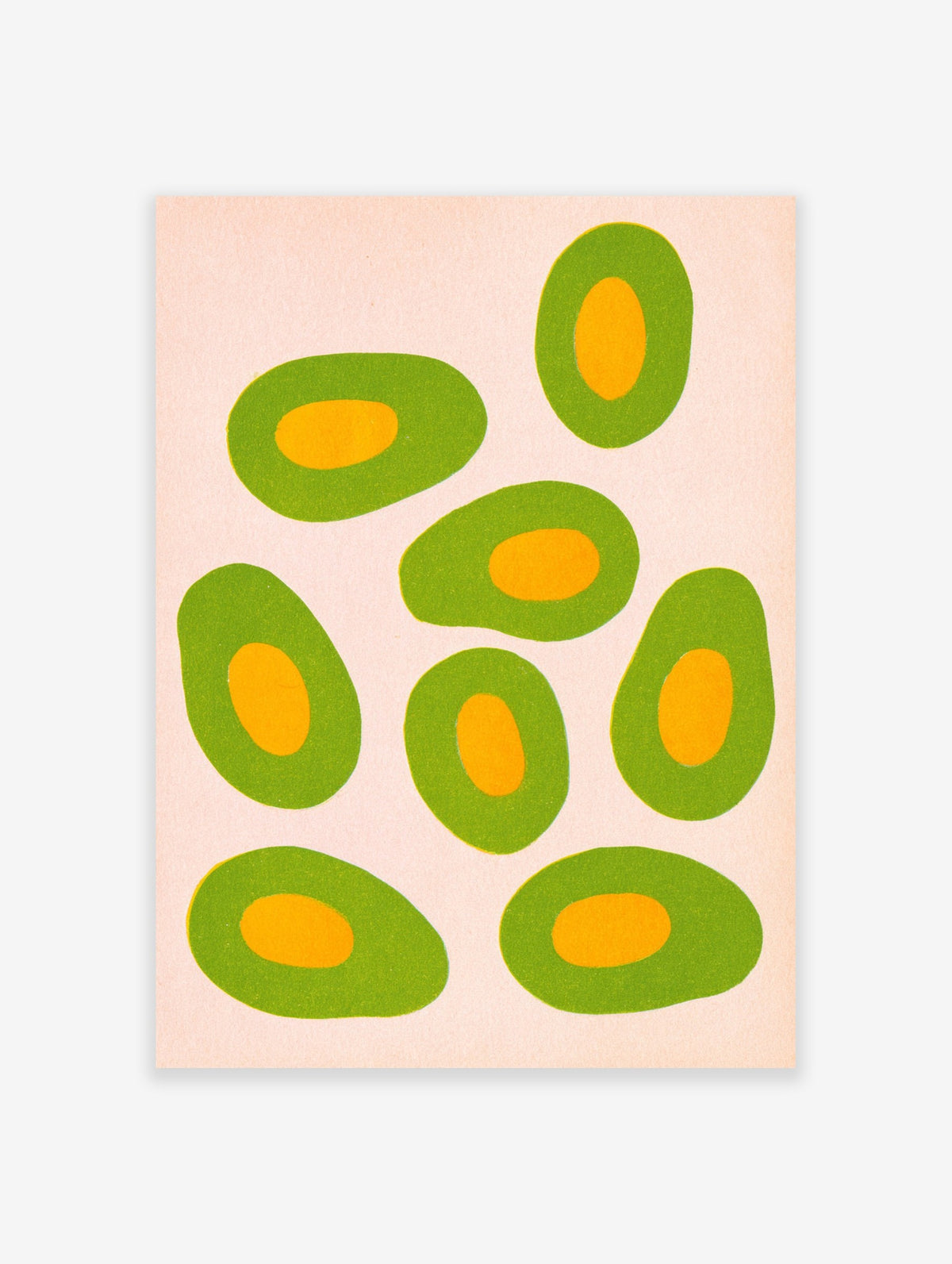 Avocado poster with green and yellow abstract fruit shapes on a soft pink background