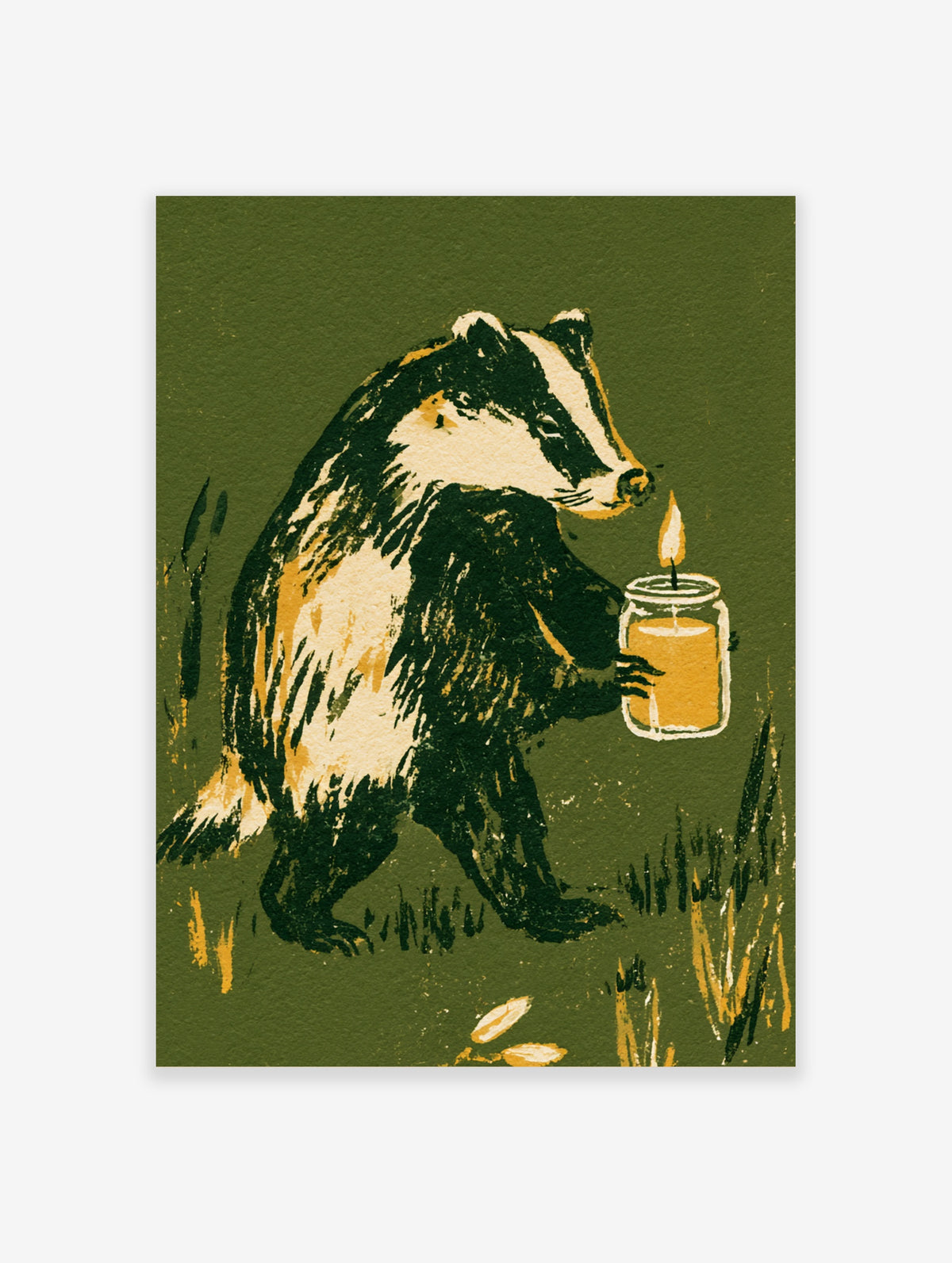 Badger holding a lit jar candle, dark green and cream woodland animal poster