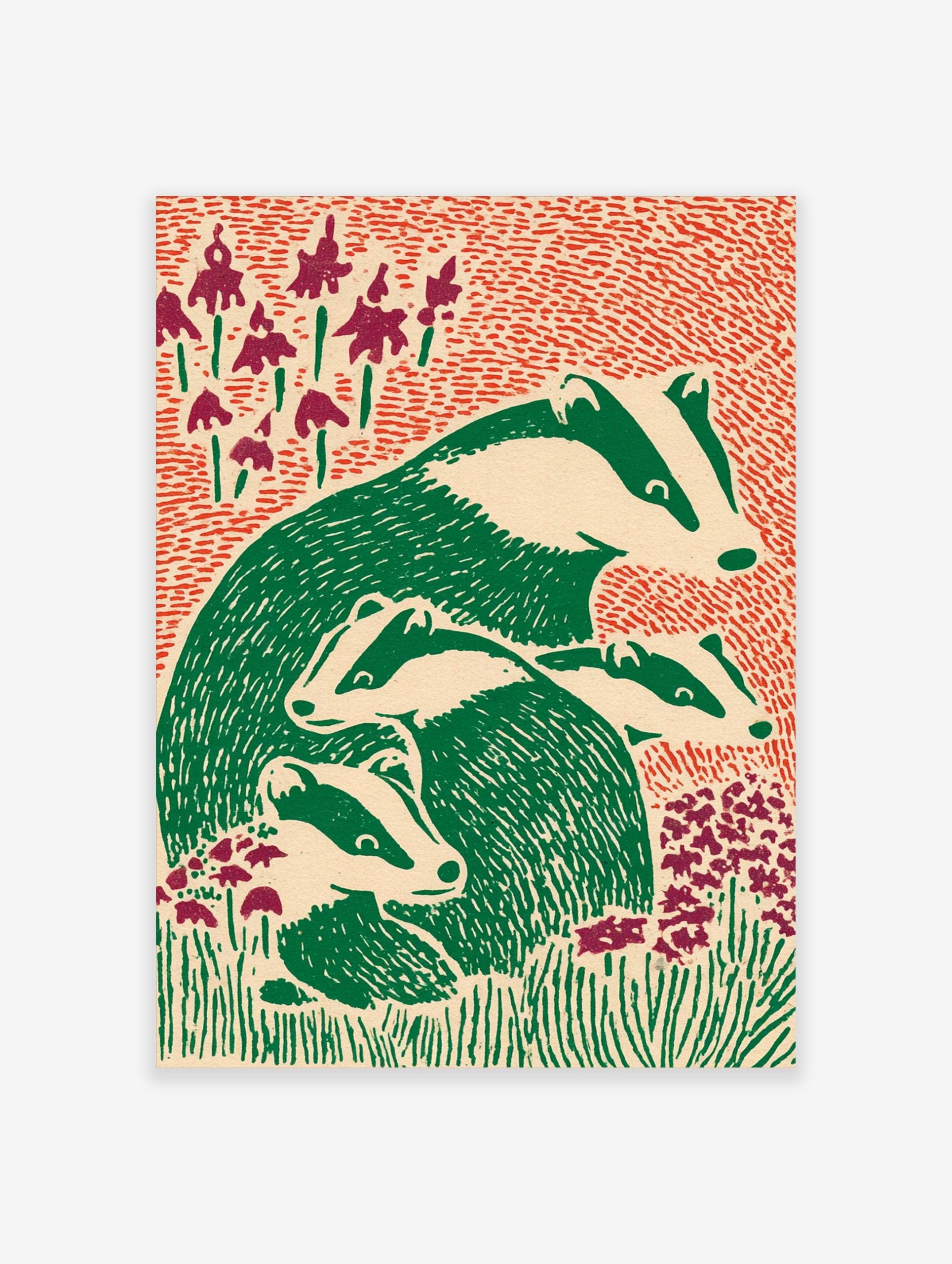 Illustrative print of an adult badger and three young badgers in green and off-white, surrounded by red texture and flowers