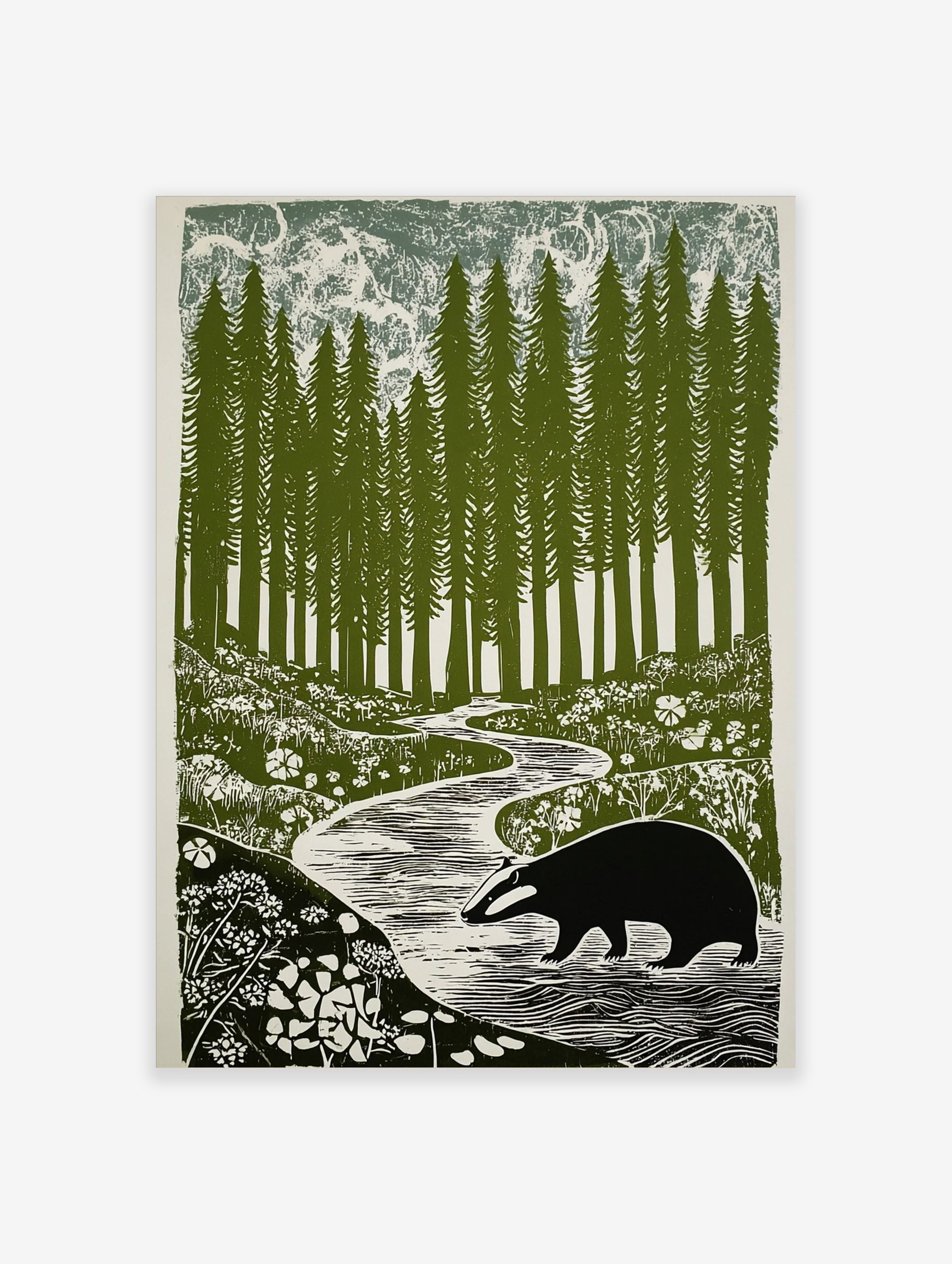 Linocut-style print of a badger walking by a winding river in a forest of tall pine trees and wildflowers