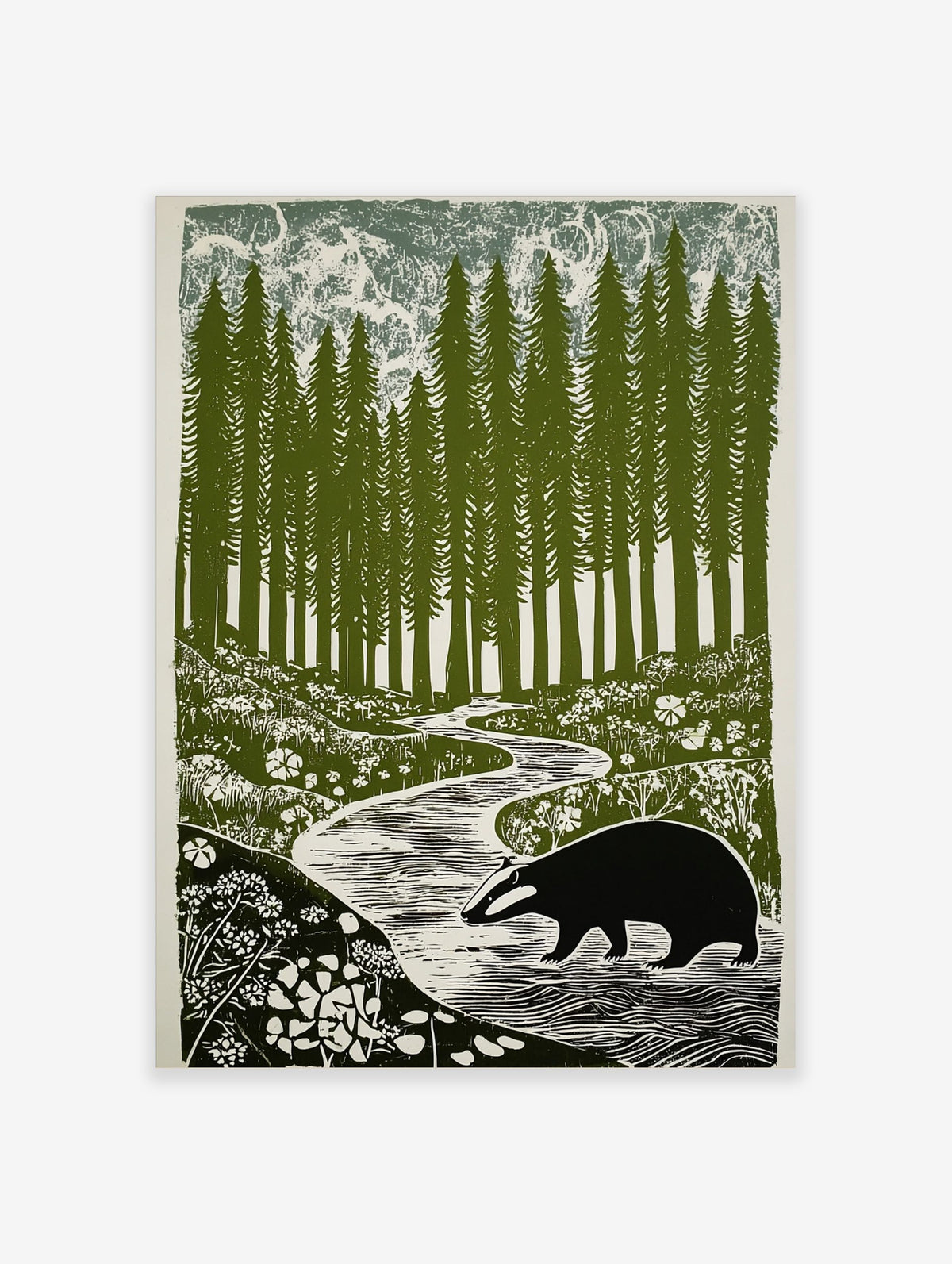 Linocut-style print of a badger walking by a winding river in a forest of tall pine trees and wildflowers