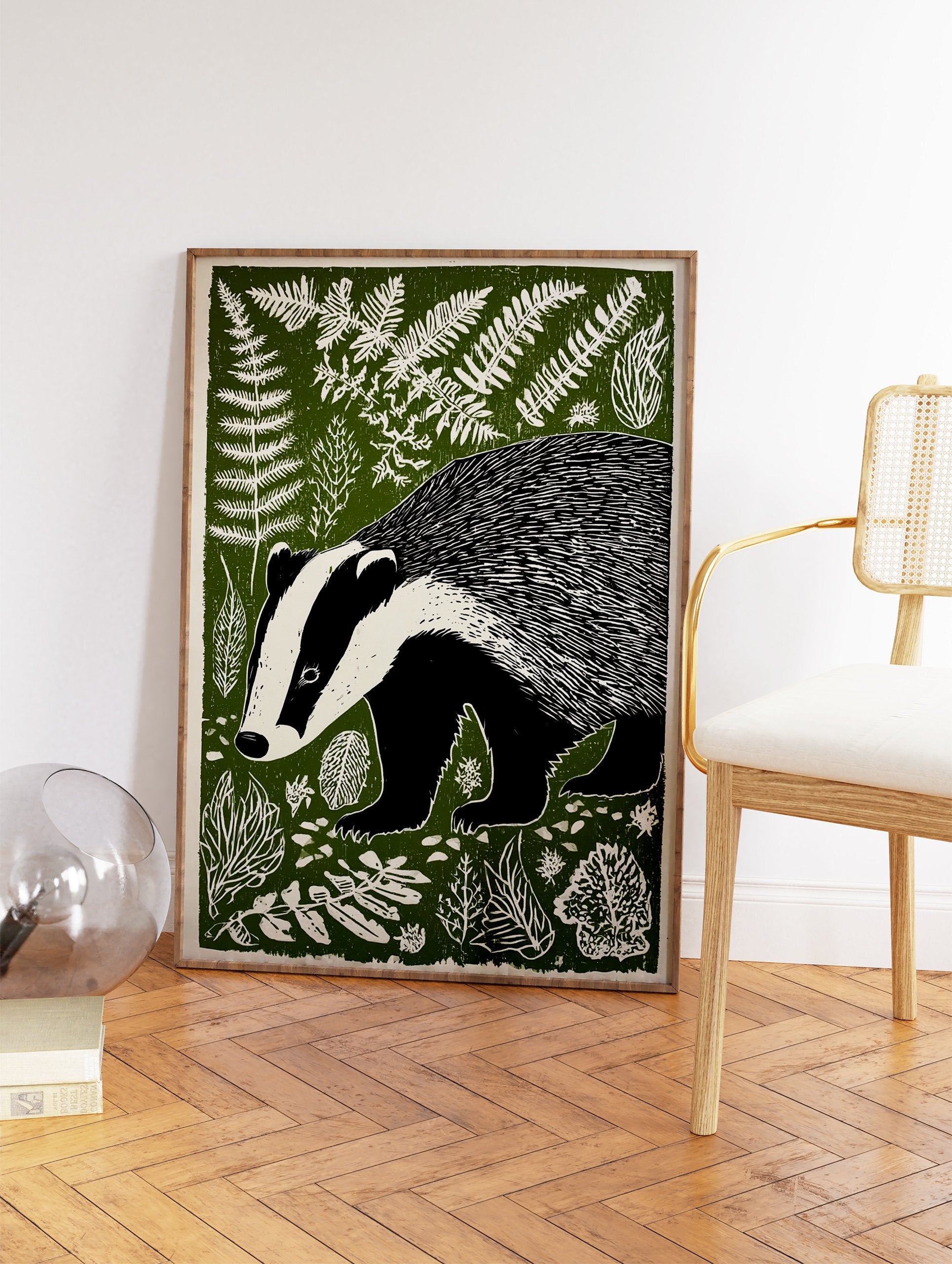 Illustrated badger art print in a forest with green foliage and white ferns, featuring a black and white badger. - Image 2