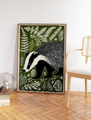 Illustrated badger art print in a forest with green foliage and white ferns, featuring a black and white badger. - Image 2