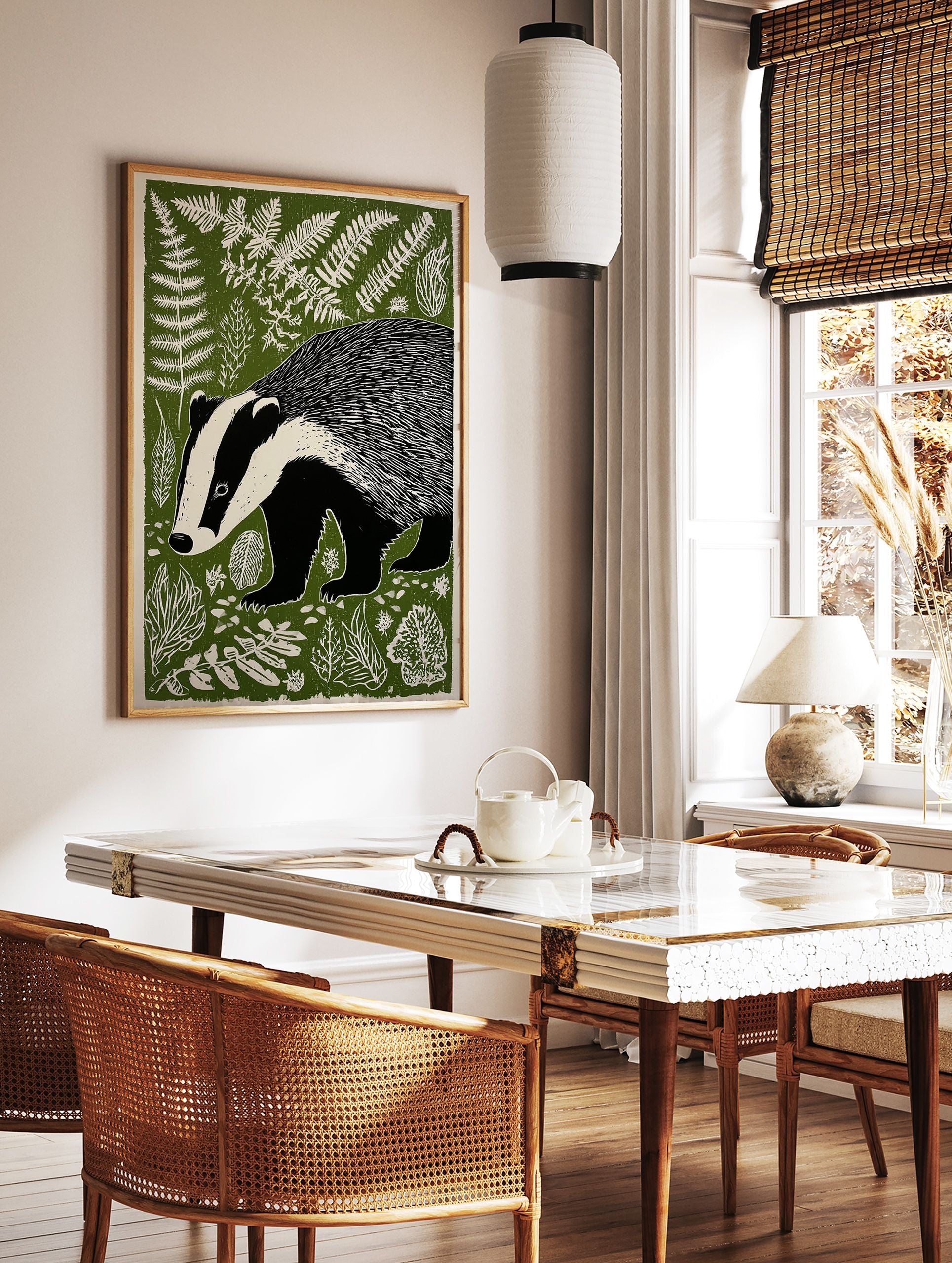 Illustrated badger art print in a forest with green foliage and white ferns, featuring a black and white badger. - Image 3