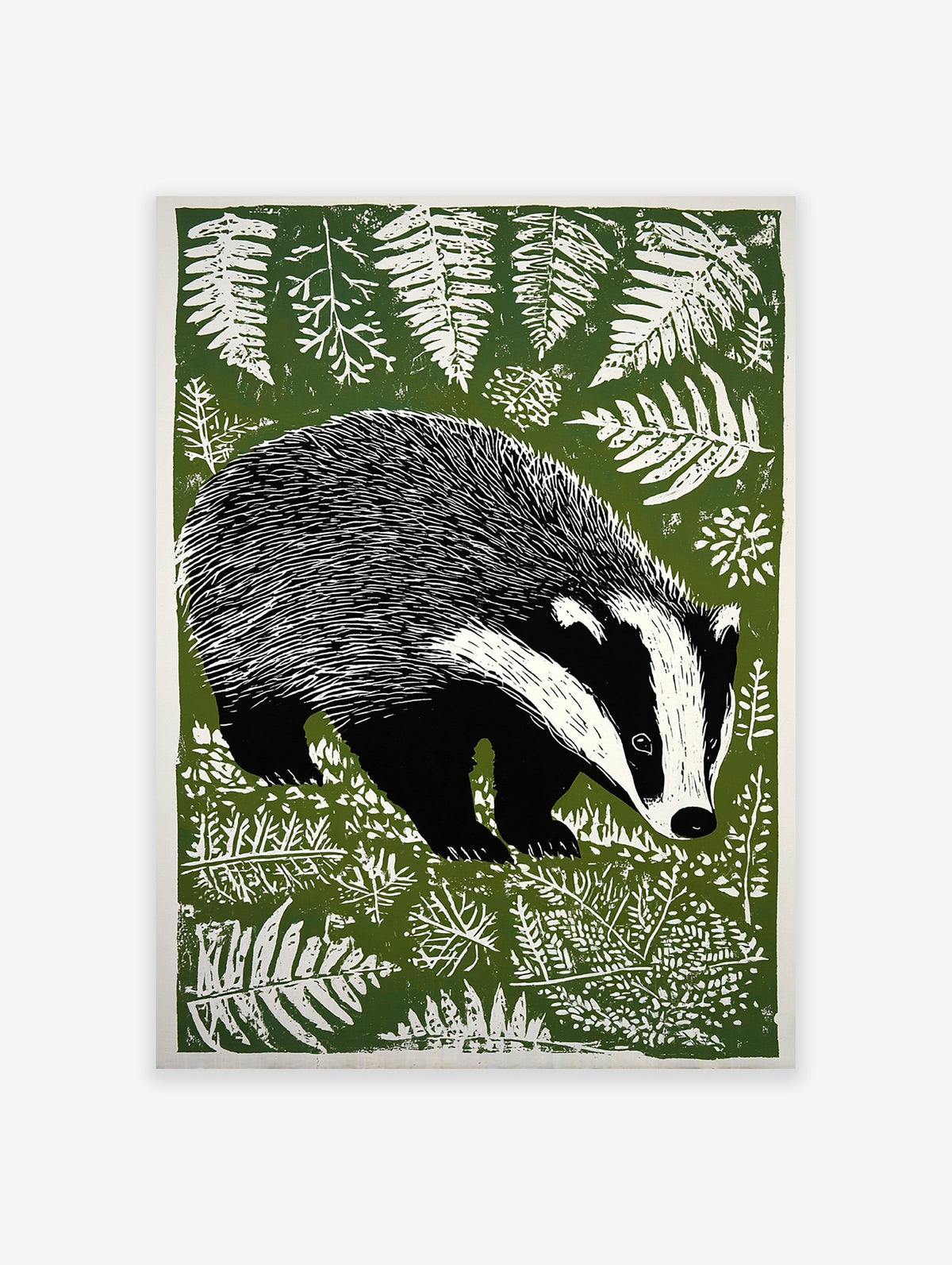 Green linocut style badger print amidst white ferns on a dark green background, woodland animal wall art.