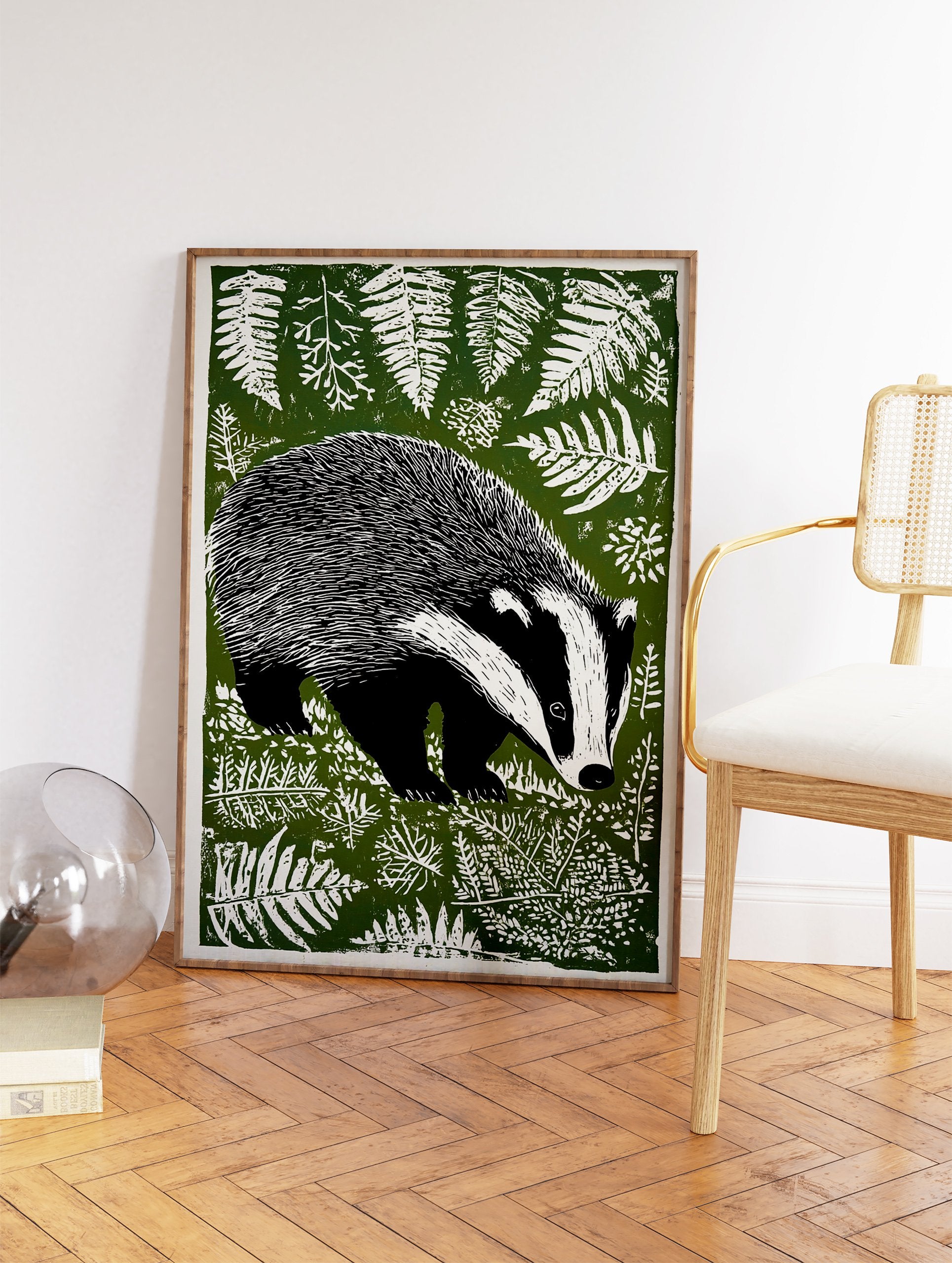 Green linocut style badger print amidst white ferns on a dark green background, woodland animal wall art. - Image 2