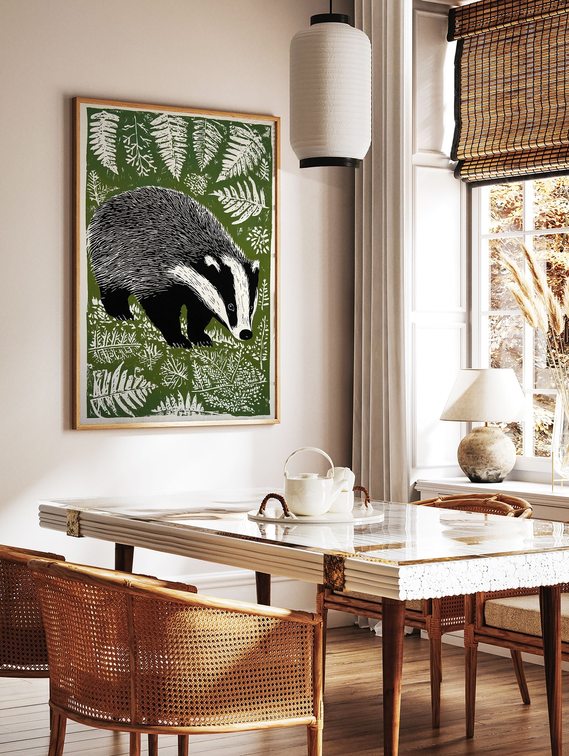 Green linocut style badger print amidst white ferns on a dark green background, woodland animal wall art. - Image 3